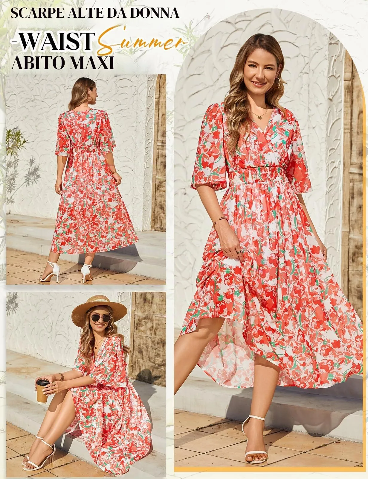 PASUDA Abito Lungo Estivo Donna Scollo a V Stampa Floreale Manica Corta (Fiori Rossi, S) - immagine 3