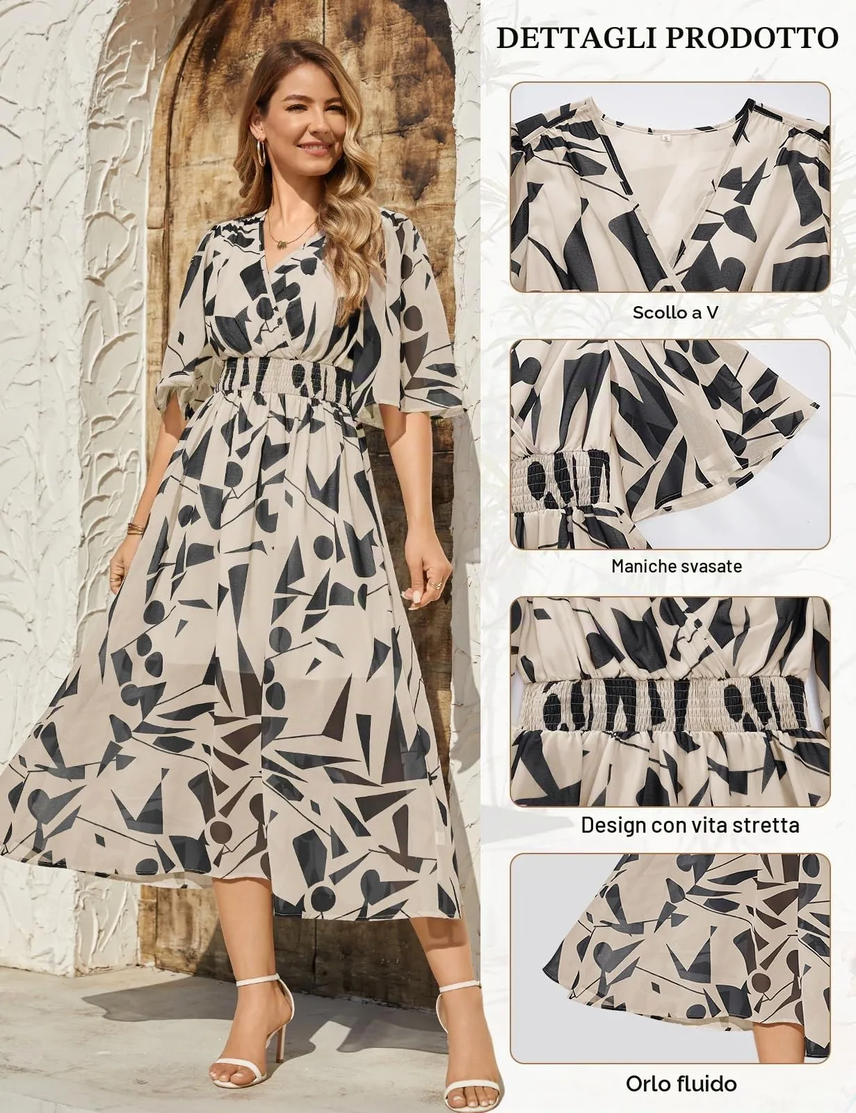 PASUDA Abito Donna Estivo Lungo Scollo a V Stampa Floreale Quadrati Beige, S - immagine 4
