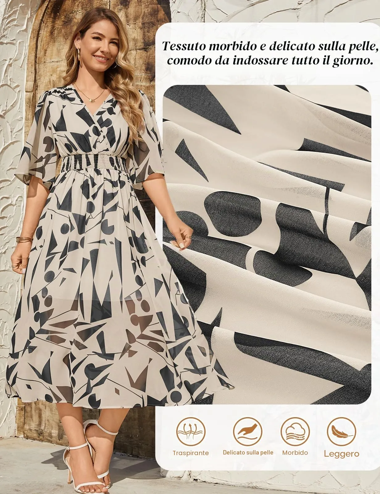 PASUDA Abito Donna Estivo Lungo Scollo a V Stampa Floreale Quadrati Beige, S - immagine 5