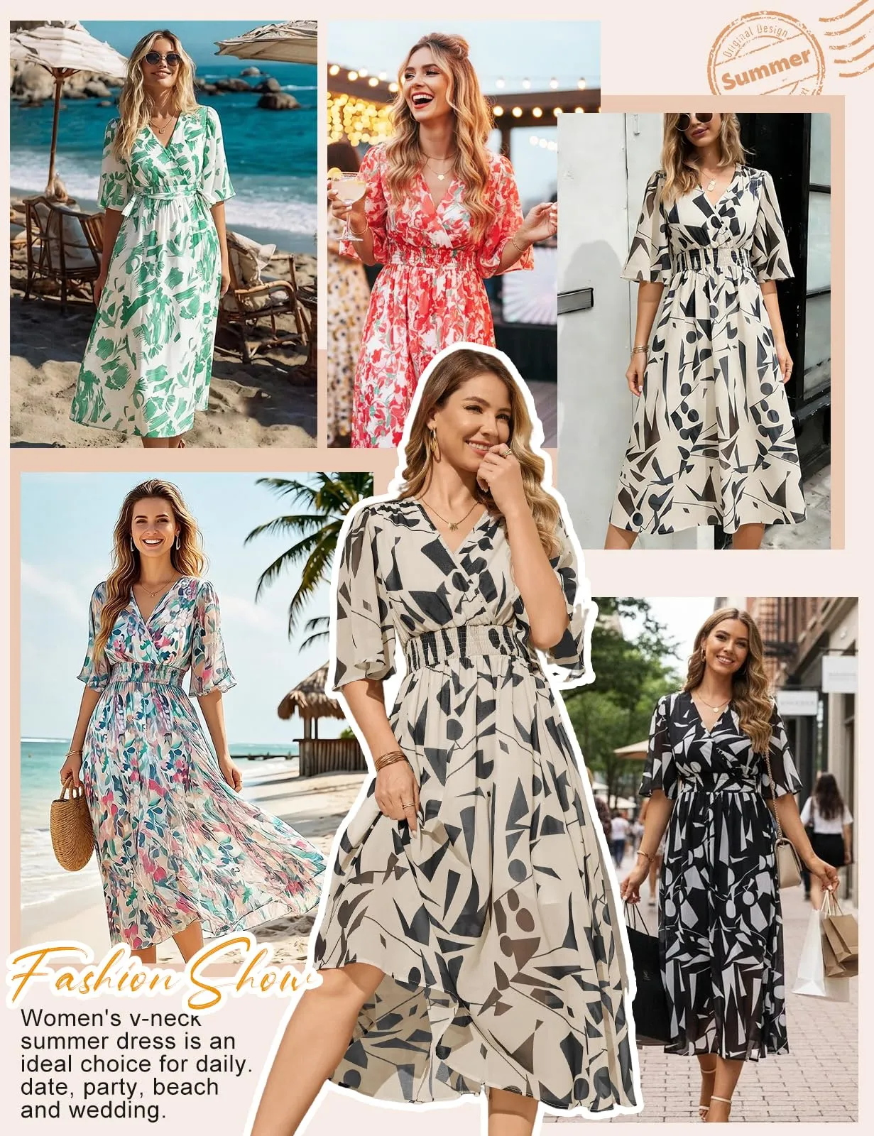 PASUDA Abito Donna Estivo Lungo Scollo a V Stampa Floreale Quadrati Beige, S - immagine 7
