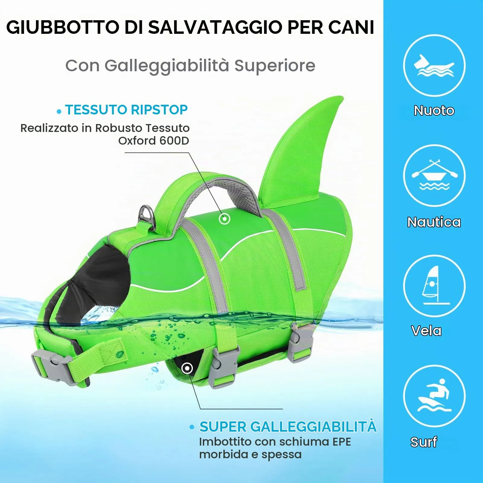 AOFITEE Giubbotto di Salvataggio per Cani con Pinna di Squalo, Verde Acceso, Taglia L - immagine 6