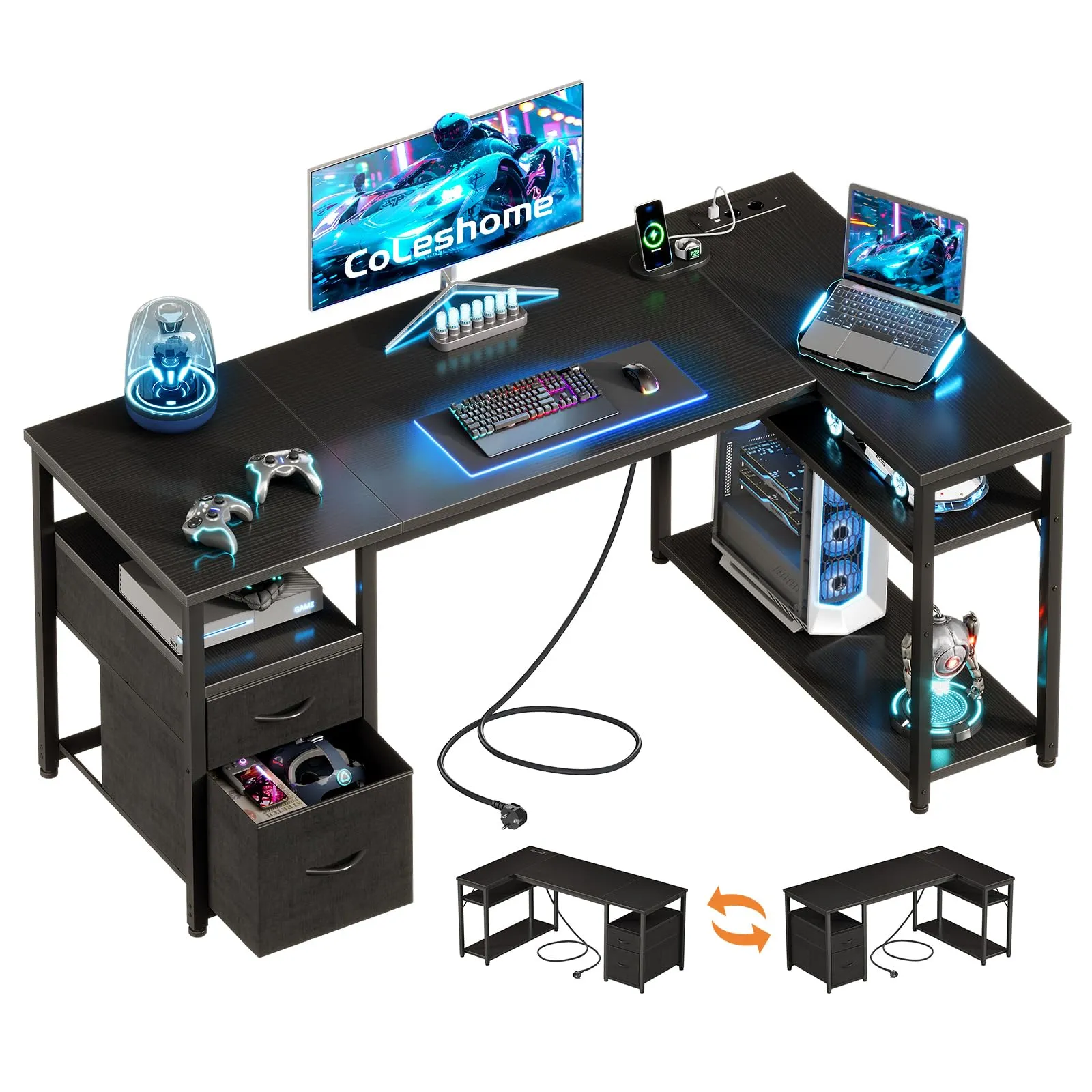 Coleshome Scrivania Angolare con USB e Presa, 140x80cm, Nero - immagine 1