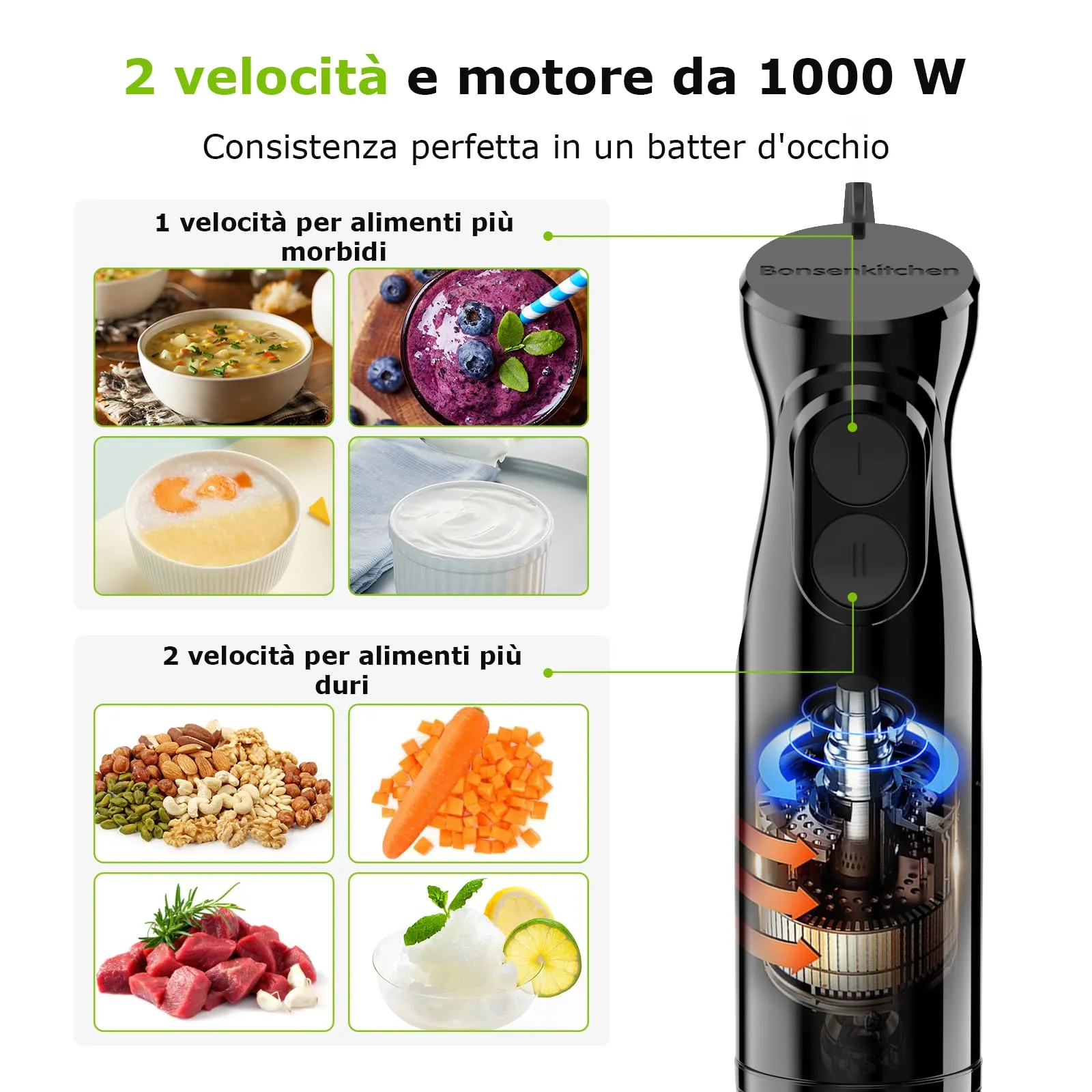 Bonsenkitchen Frullatore a Immersione 1000 W in Acciaio Inossidabile - immagine 2