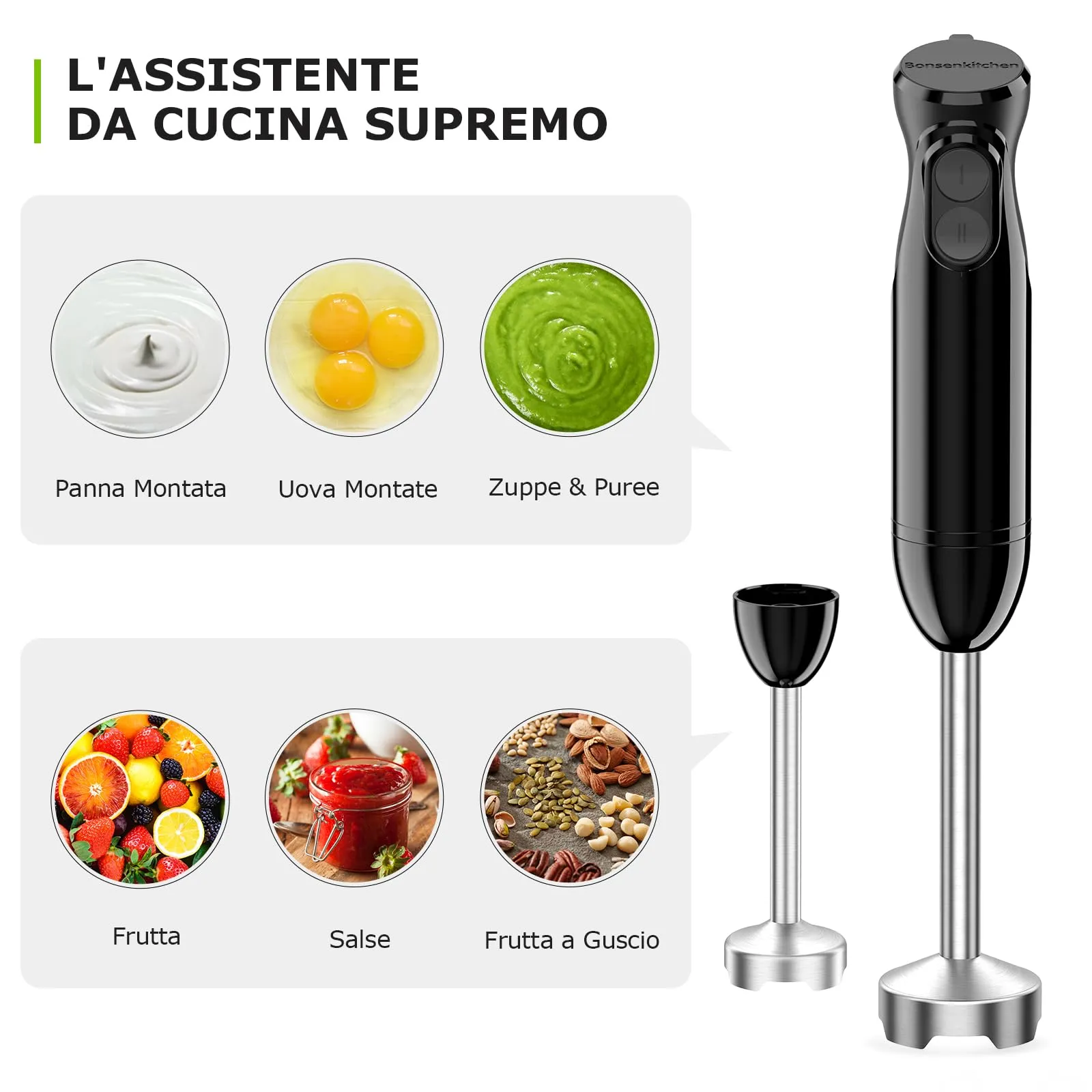 Bonsenkitchen Frullatore a Immersione 2-in-1, 1000W, 2 Velocità - immagine 2