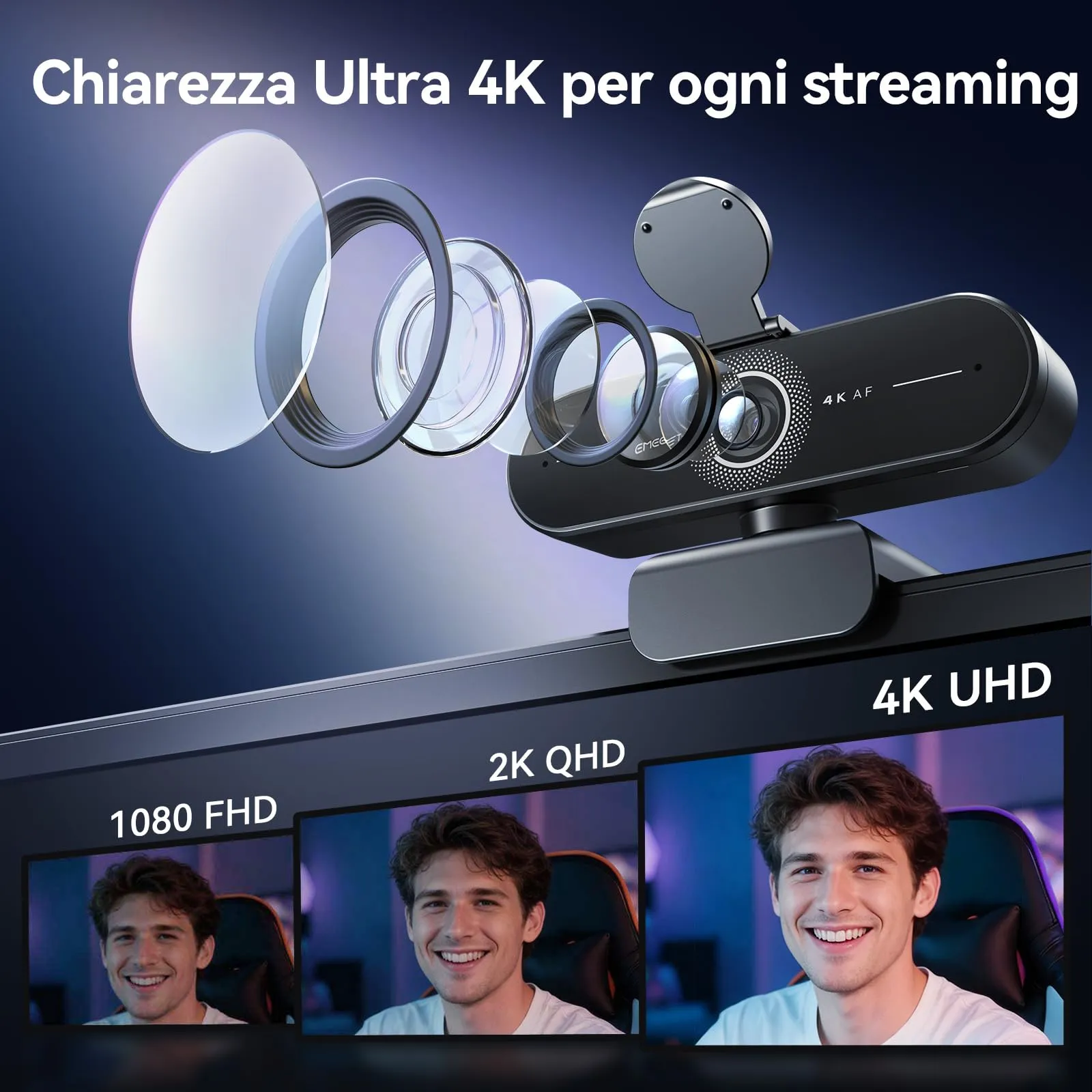 EMEET C60E 4K Webcam, PDAF Autofocus, Dual Microphone, USB Plug & Play for PC and Mac - immagine 2
