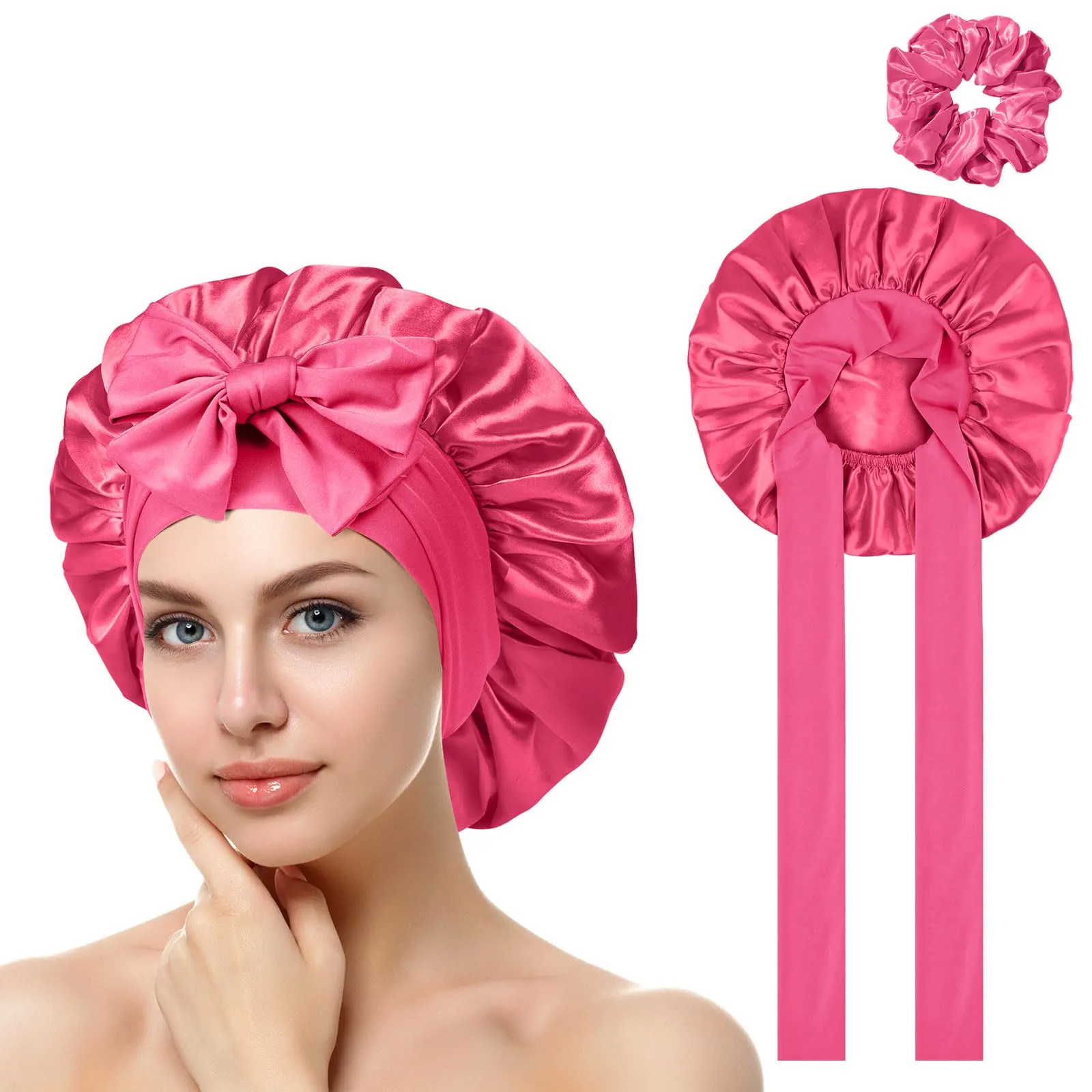 ACWOO Cuffia in Seta per Capelli Ricci, 3 Pezzi, Berretto da Notte in Raso Elastico con Nastri Regolabili - immagine 1