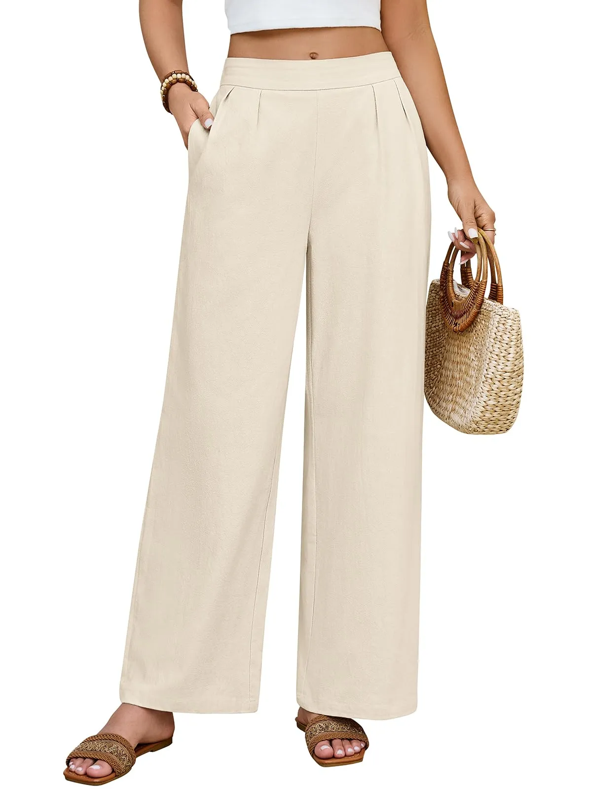 PASUDA Pantaloni Donna Estivi in Cotone a Gamba Larga con Vita Elastica e Tasche, Albicocca, M - immagine 1