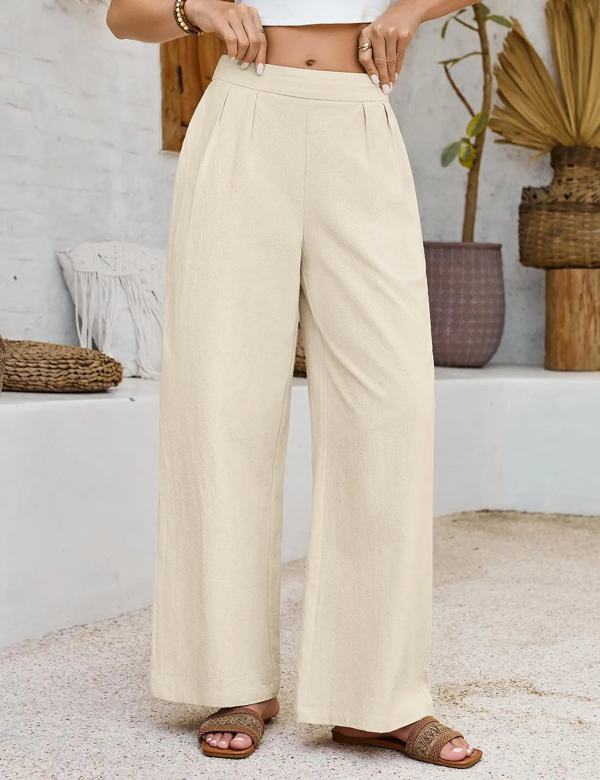 PASUDA Pantaloni Donna Estivi in Cotone a Gamba Larga con Vita Elastica e Tasche, Albicocca, M - immagine 2