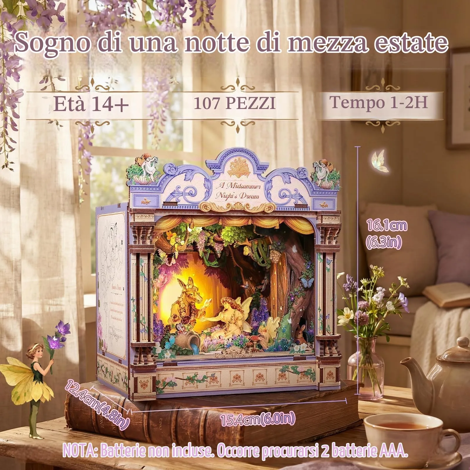 CUTEBEE Book Nook Kit in Legno - Sogno di una notte di mezza estate, Puzzle 3D in Legno con LED e Protezione Antipolvere - immagine 2