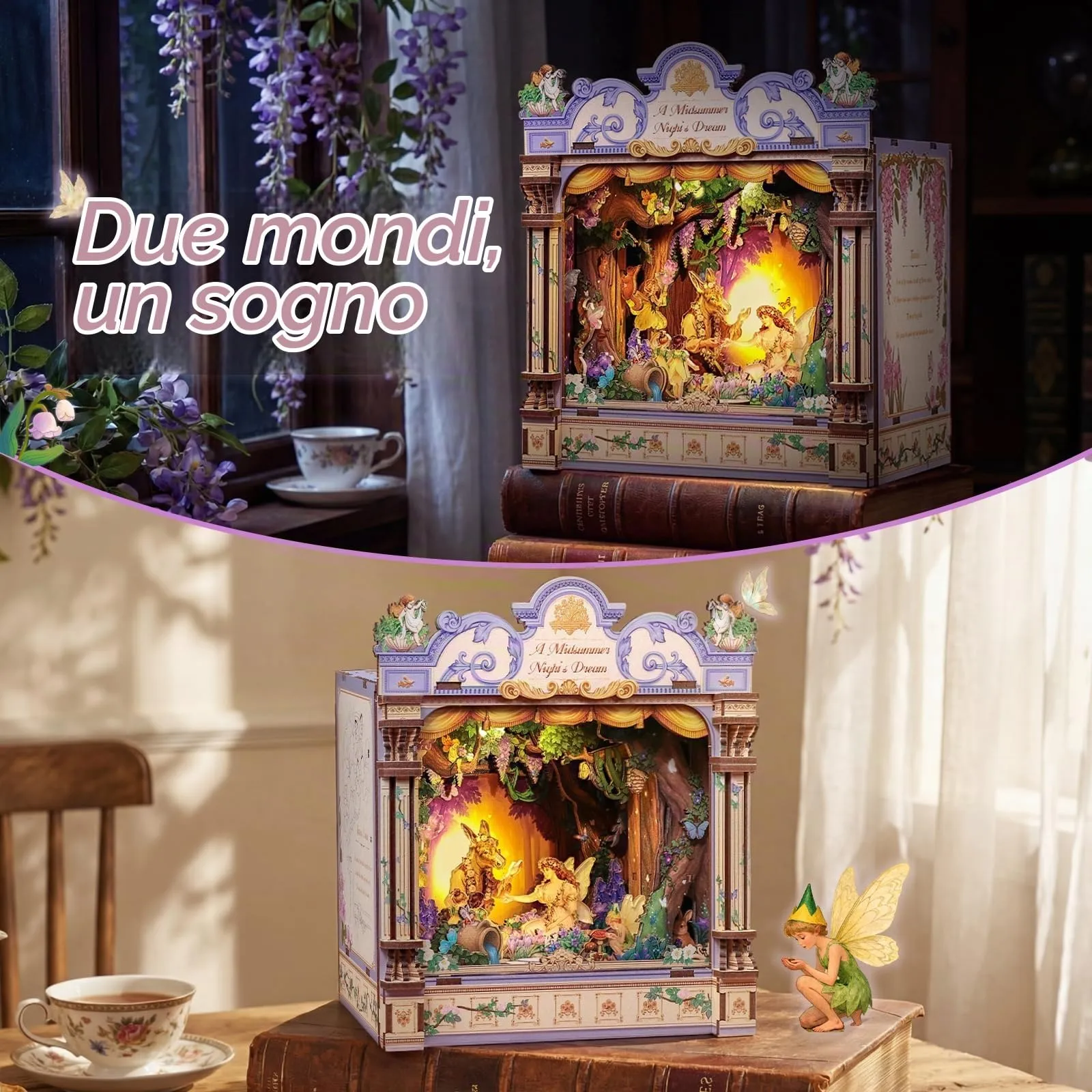 CUTEBEE Book Nook Kit in Legno - Sogno di una notte di mezza estate, Puzzle 3D in Legno con LED e Protezione Antipolvere - immagine 3