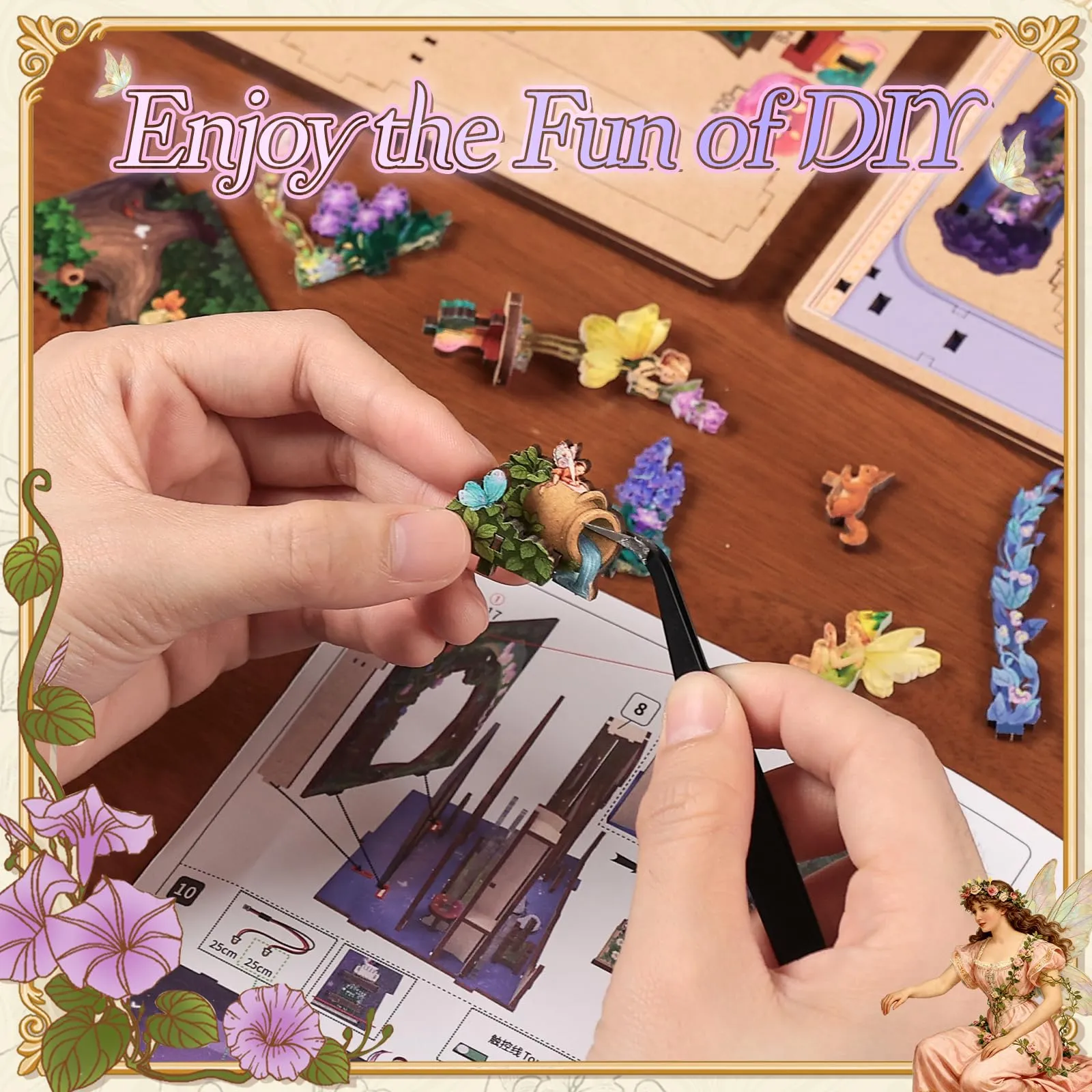 CUTEBEE Book Nook Kit in Legno - Sogno di una notte di mezza estate, Puzzle 3D in Legno con LED e Protezione Antipolvere - immagine 4