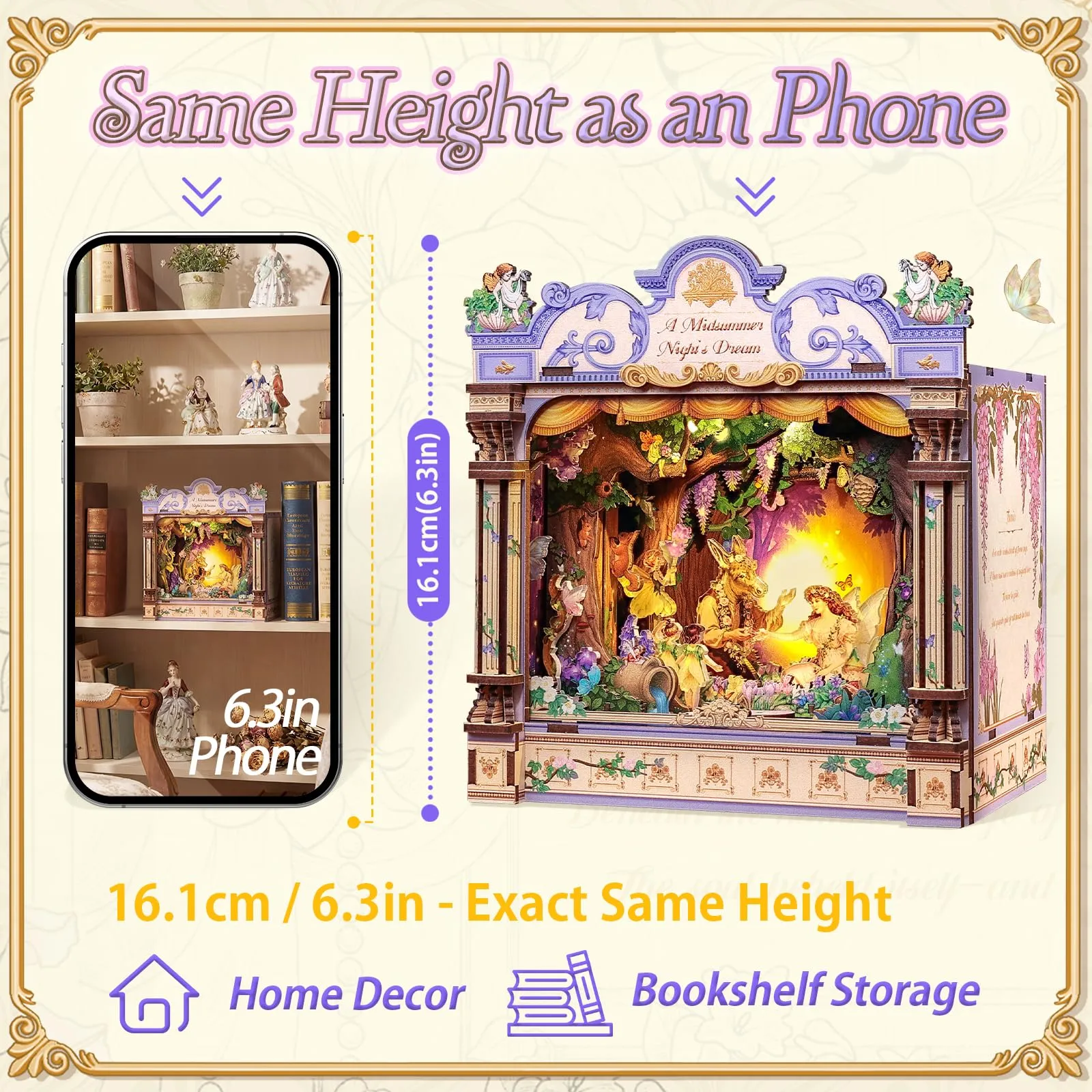 CUTEBEE Book Nook Kit in Legno - Sogno di una notte di mezza estate, Puzzle 3D in Legno con LED e Protezione Antipolvere - immagine 5