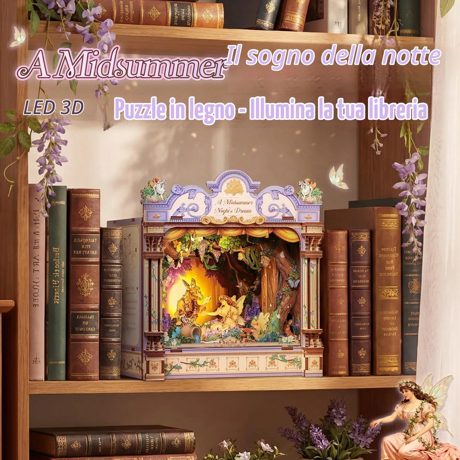 CUTEBEE Book Nook Kit in Legno - Sogno di una notte di mezza estate, Puzzle 3D in Legno con LED e Protezione Antipolvere - immagine 7