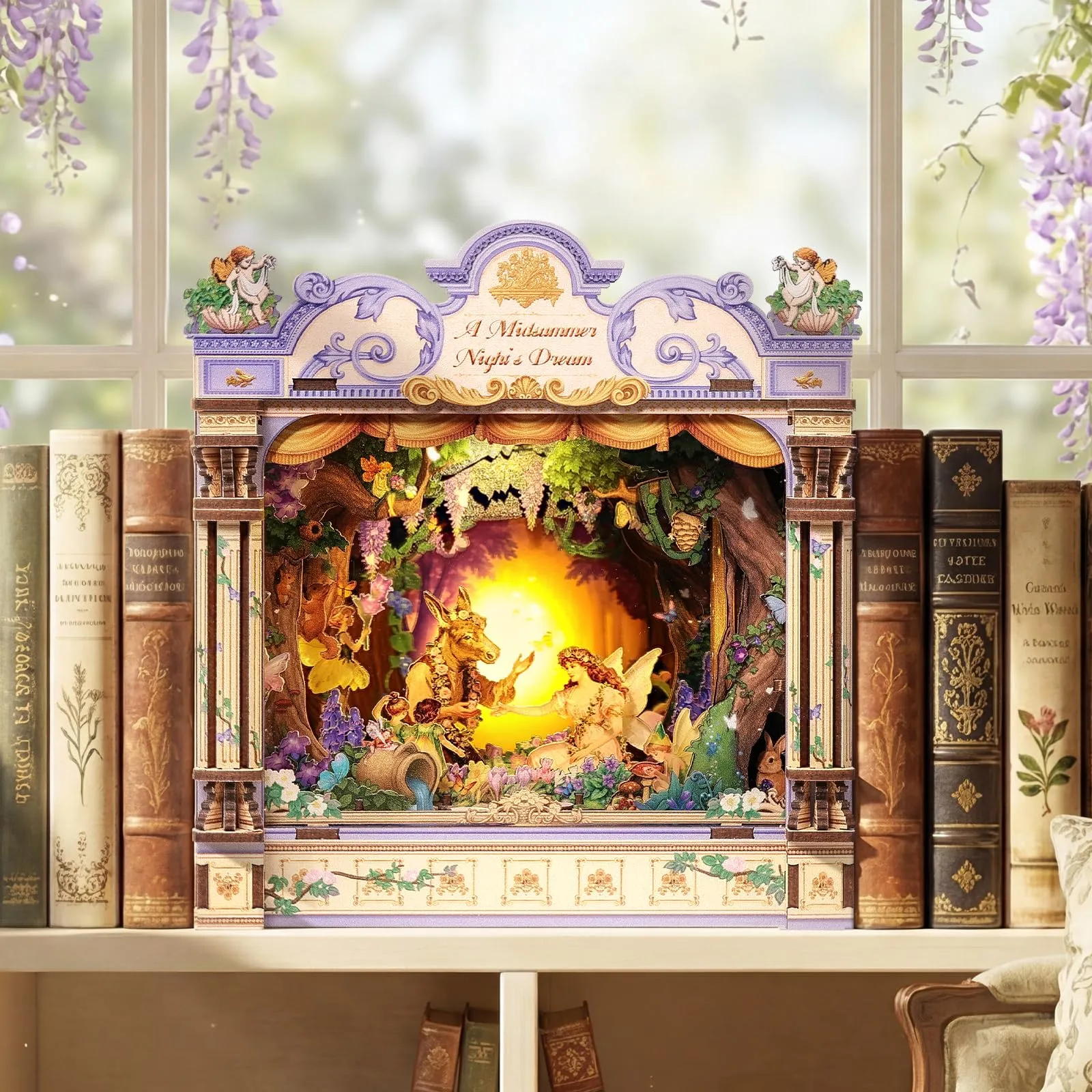 CUTEBEE Book Nook Kit in Legno - Sogno di una notte di mezza estate, Puzzle 3D in Legno con LED e Protezione Antipolvere - immagine 8