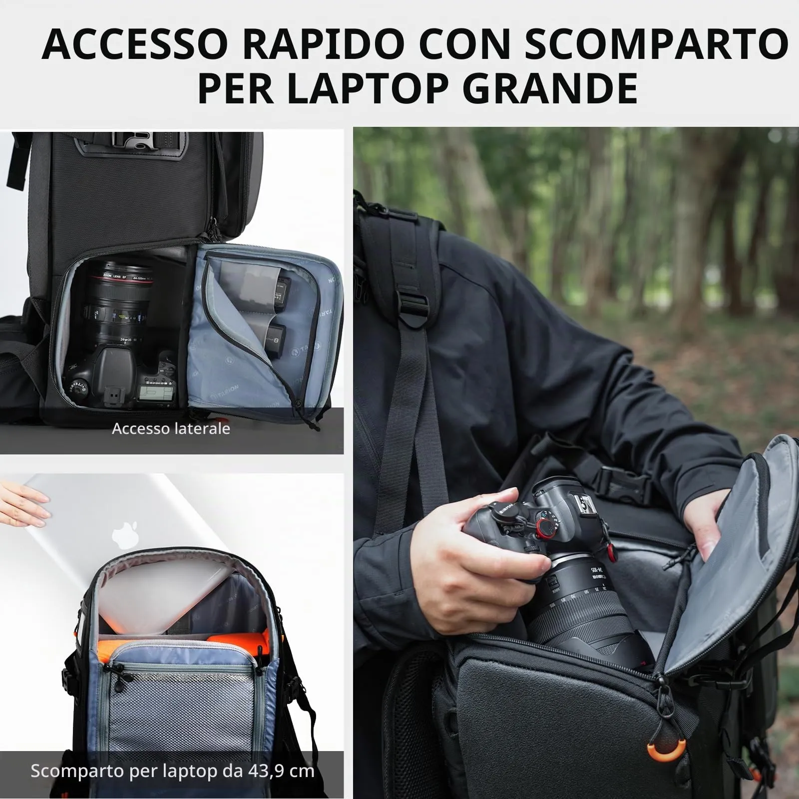 TARION Zaino Fotografico Professionale PB02 per Fotocamera, Obiettivi, Treppiede e Laptop 17,3" - immagine 5