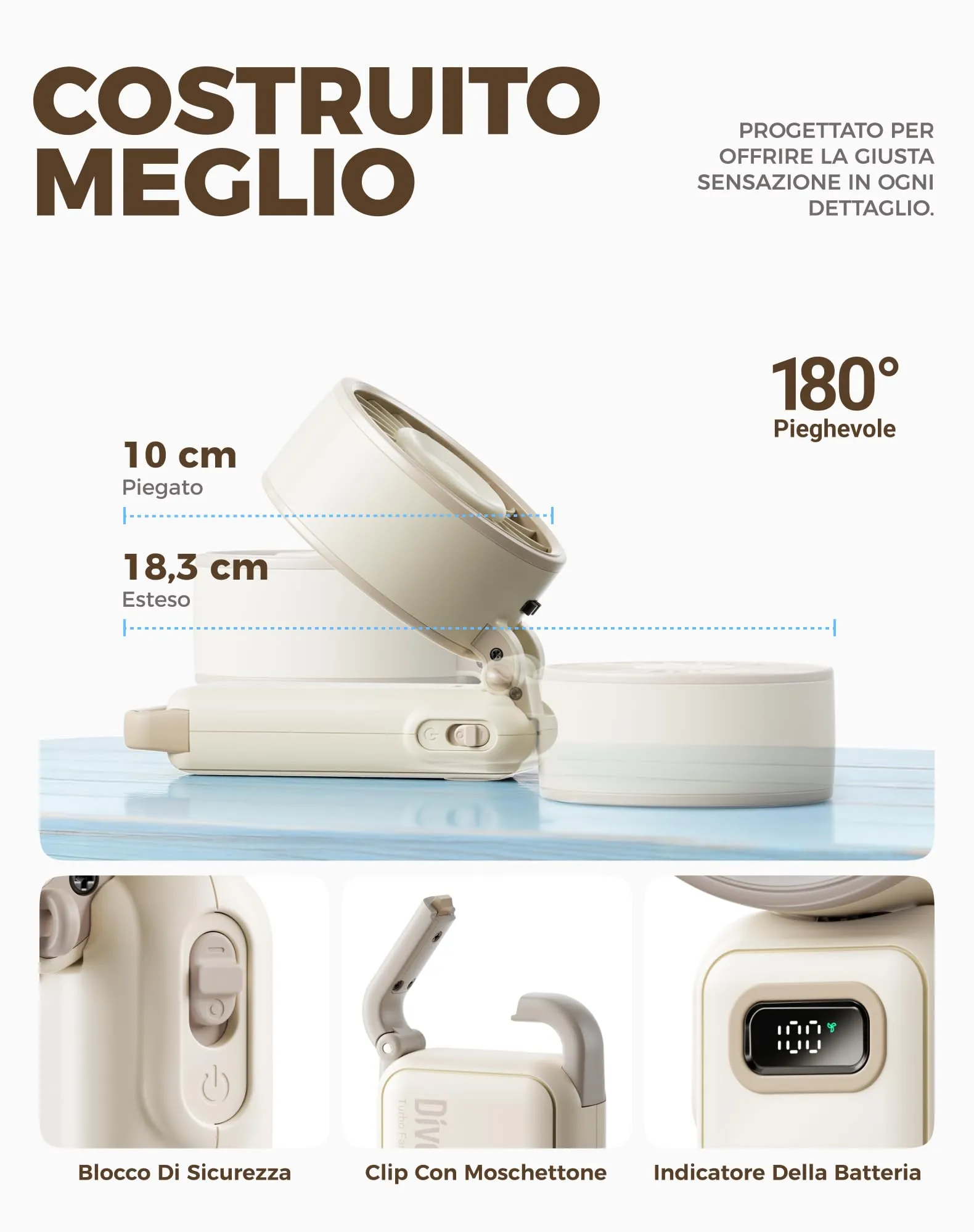 Diveblues Mini Ventilatore Portatile Turbo USB Ricaricabile Pieghevole, 100 Velocità, 4-in-1 da Tavolo e da Collo - immagine 7