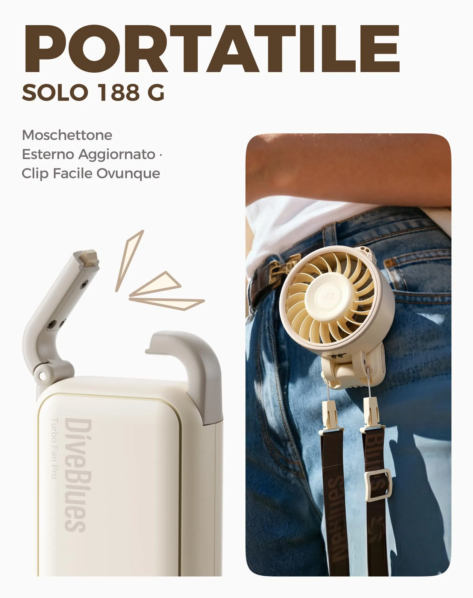 Diveblues Mini Ventilatore Portatile Turbo USB Ricaricabile Pieghevole, 100 Velocità, 4-in-1 da Tavolo e da Collo - immagine 8