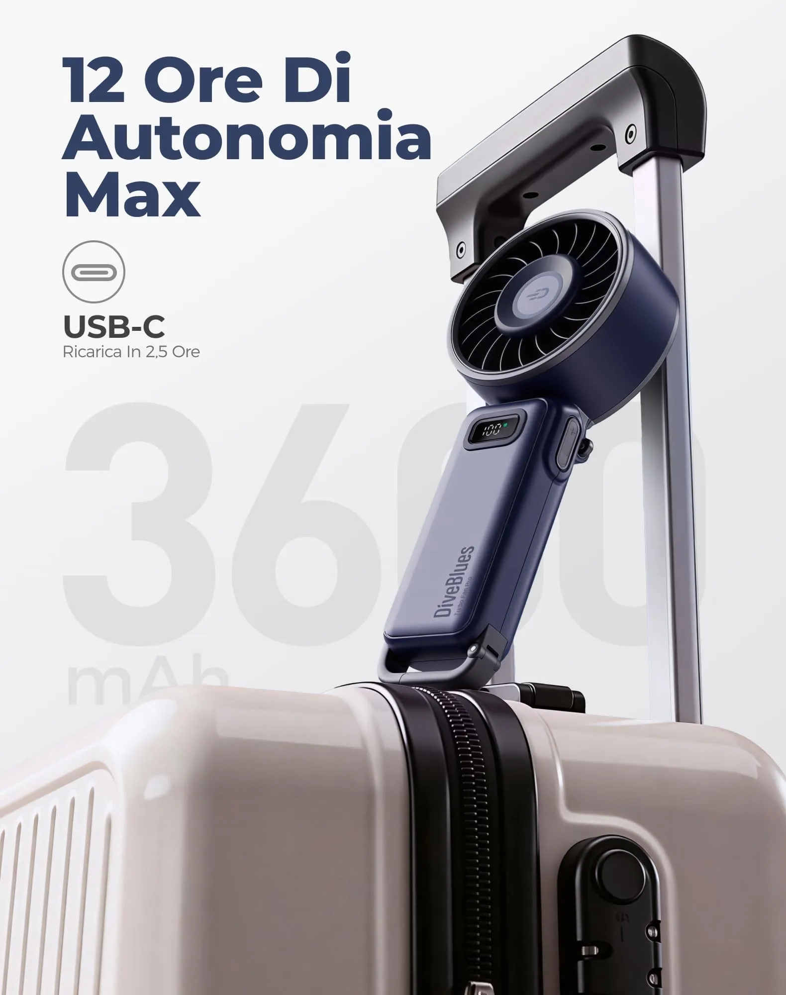Diveblues Mini Ventilatore Portatile Turbo USB Ricaricabile, 100 Velocità, 4-in-1 da Tavolo e da Collo - immagine 7