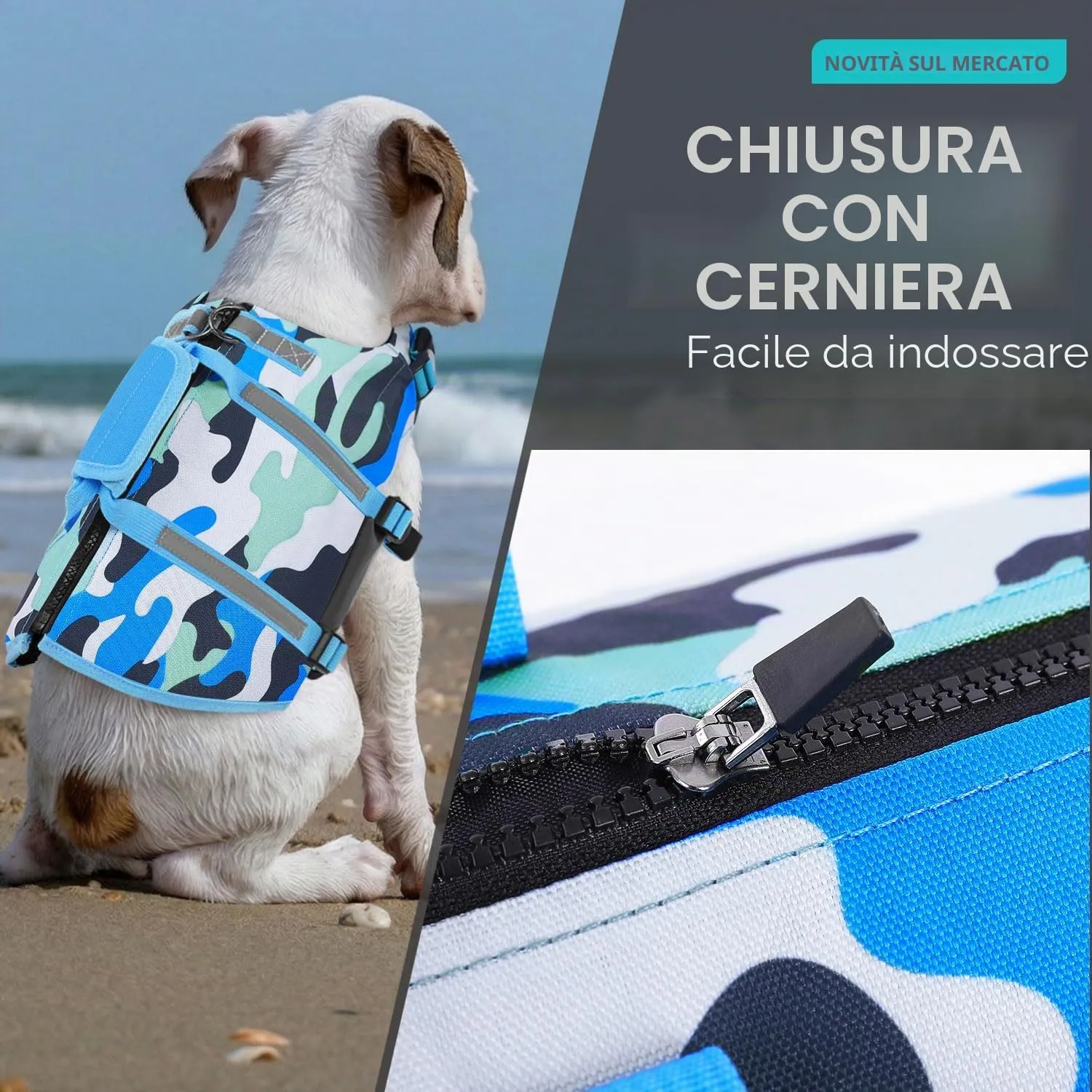 PUZAUKAL Giubbotto Salvagente per Cane con Cerniera sul Dorso, Camouflage, Taglia S - immagine 2