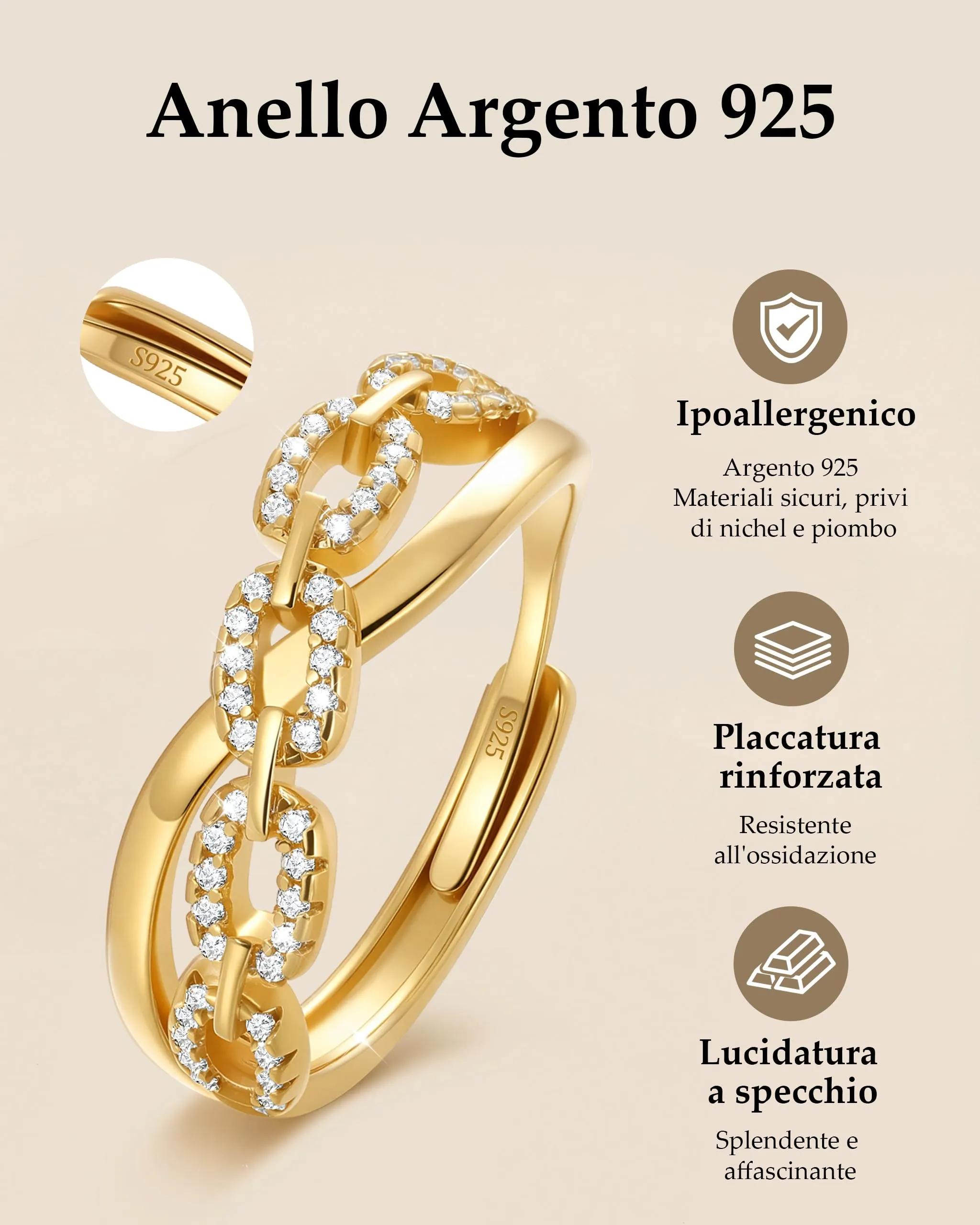 J.Fée Anello Donna Argento 925 con Zirconi 5A Regolabile, Oro - immagine 2