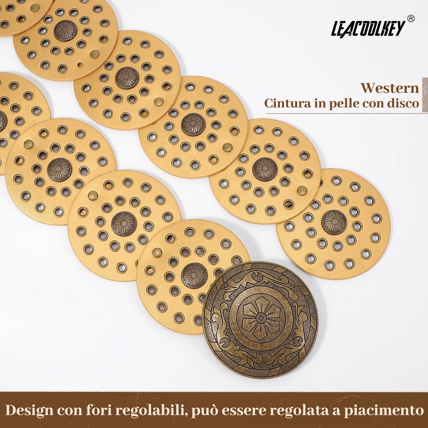 LEACOOLKEY Cintura Donna Boho Disco Larga Western in Pelle Concho Oro - immagine 3