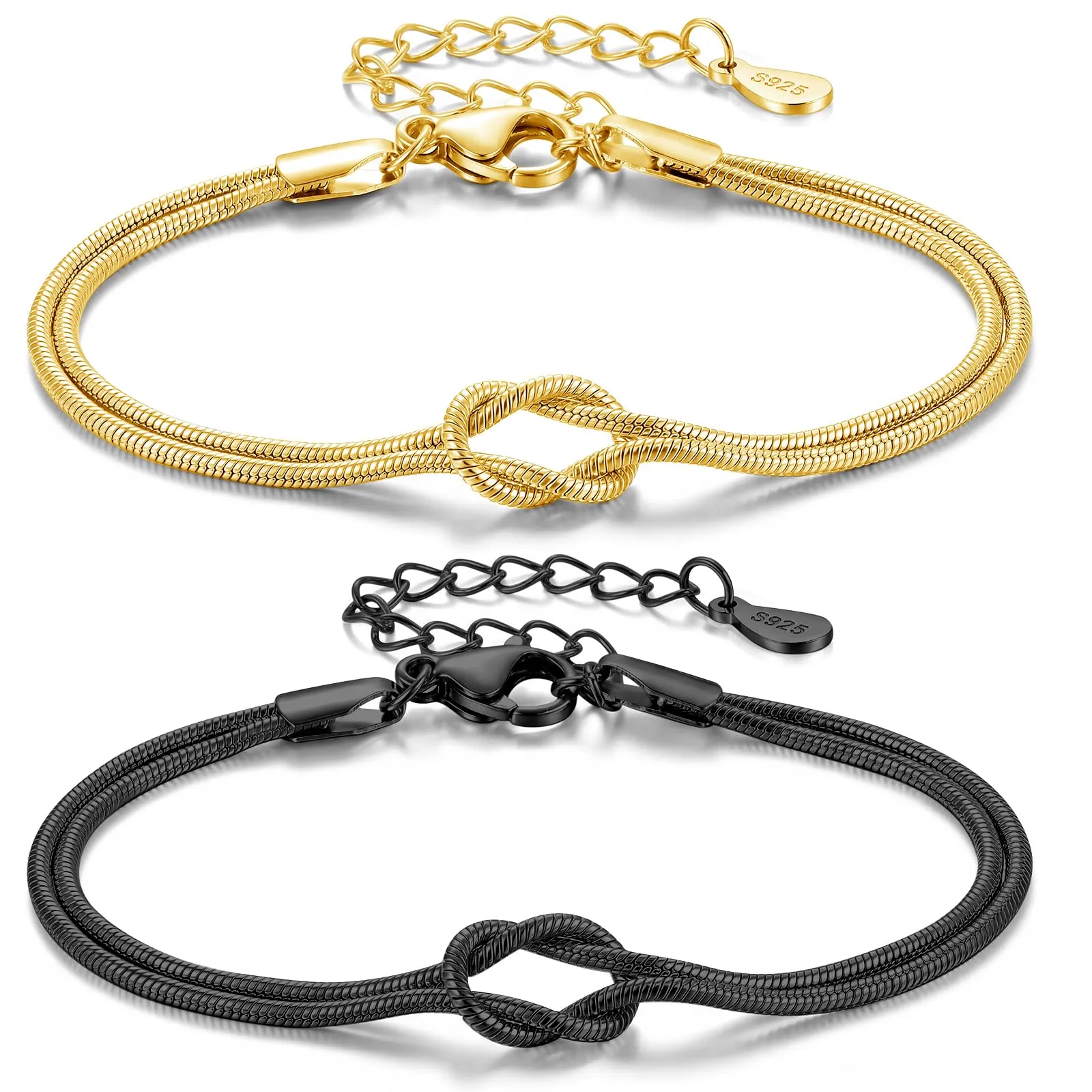 J.Fée Set di 2 Bracciali Nodo d'Amore in Argento 925 Regolabili, Oro+Nero - immagine 1
