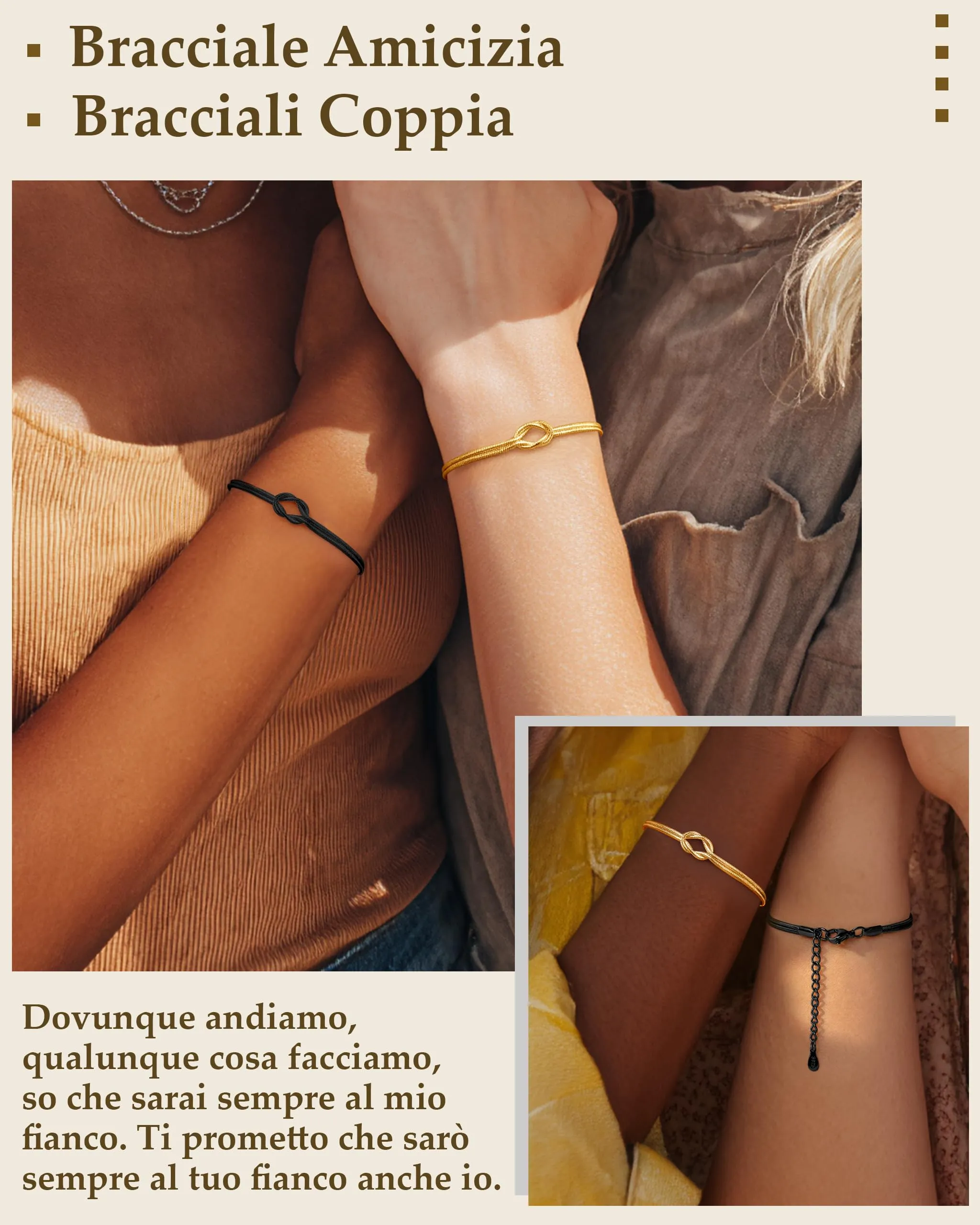 J.Fée Set di 2 Bracciali Nodo d'Amore in Argento 925 Regolabili, Oro+Nero - immagine 3