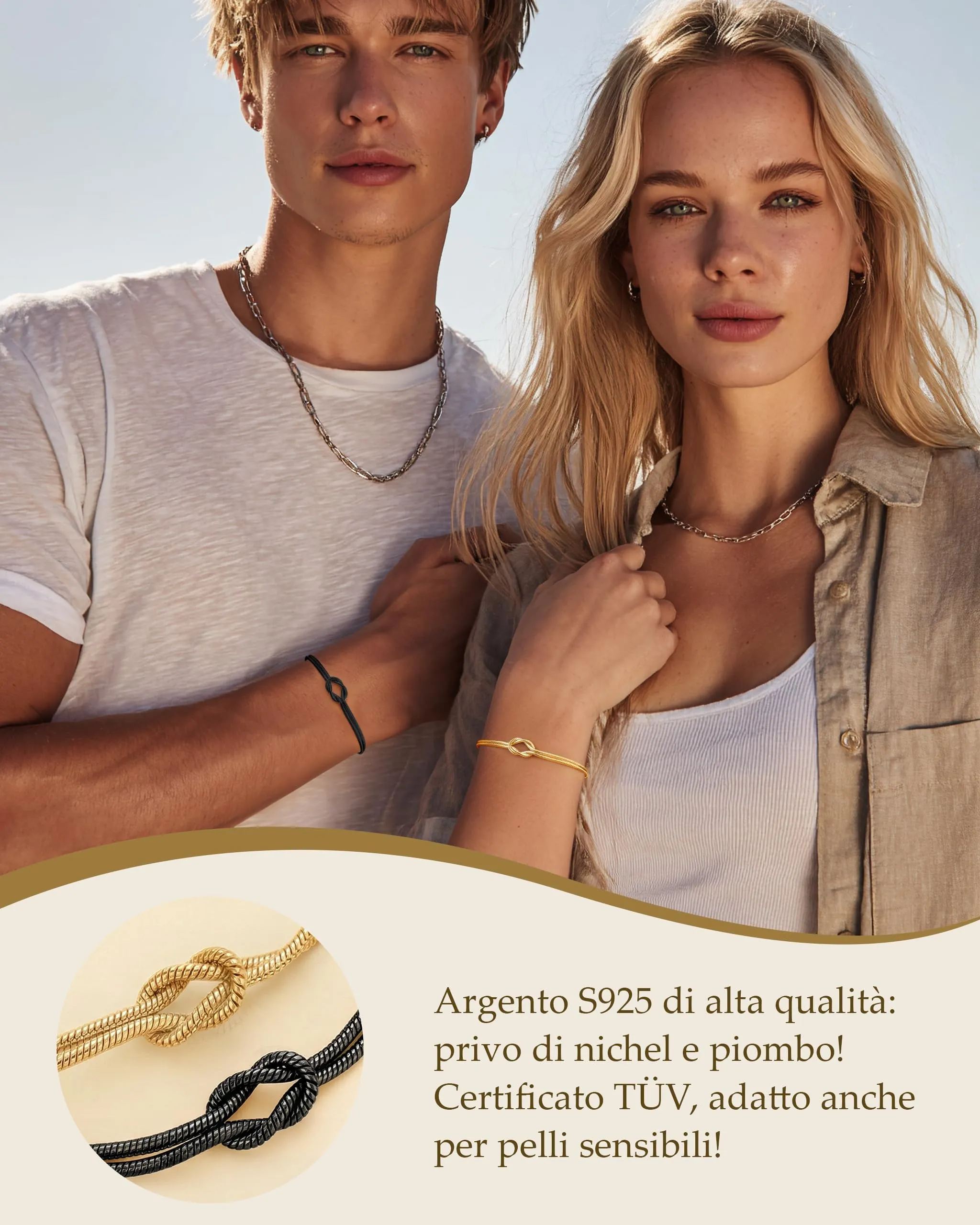 J.Fée Set di 2 Bracciali Nodo d'Amore in Argento 925 Regolabili, Oro+Nero - immagine 4