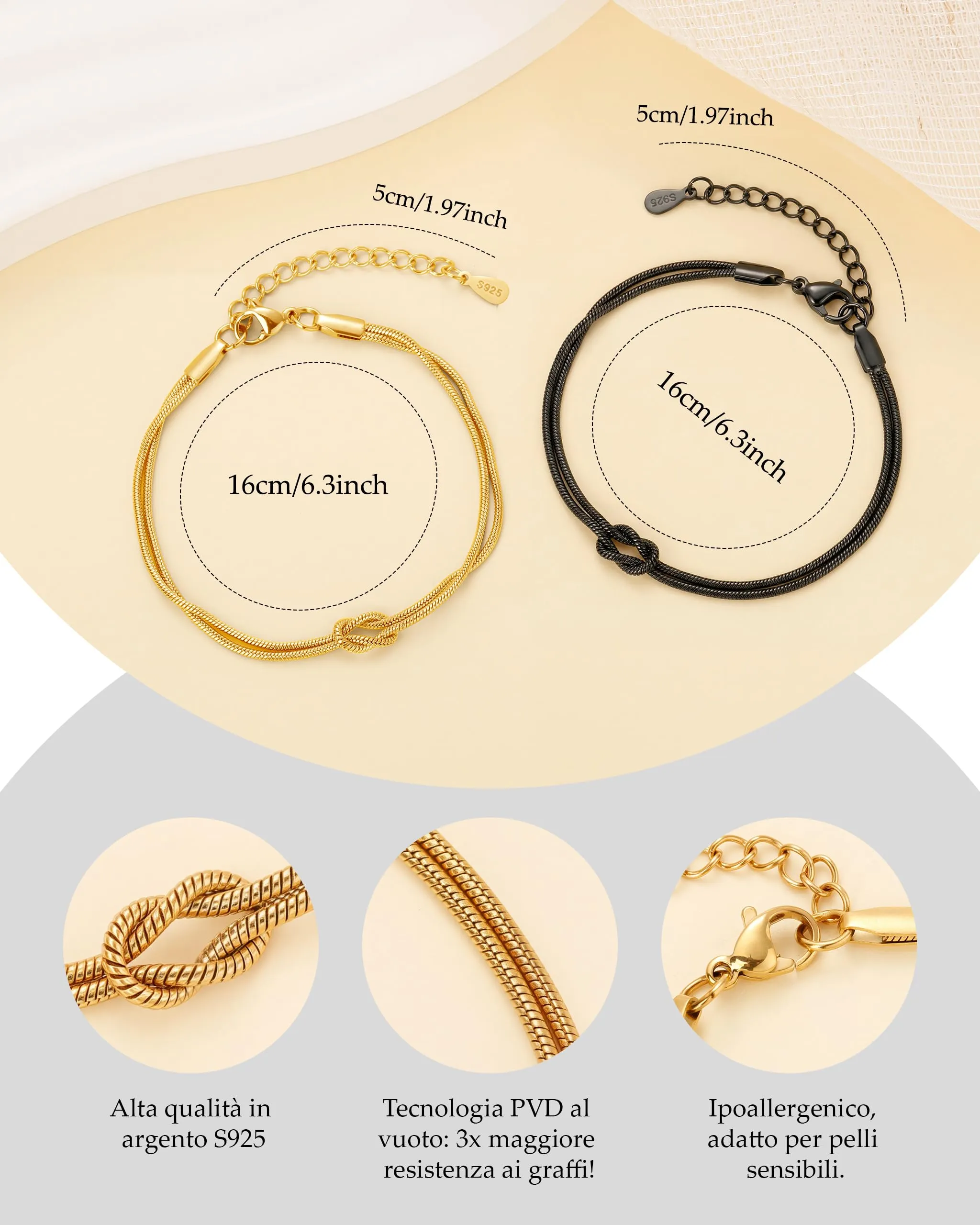 J.Fée Set di 2 Bracciali Nodo d'Amore in Argento 925 Regolabili, Oro+Nero - immagine 5