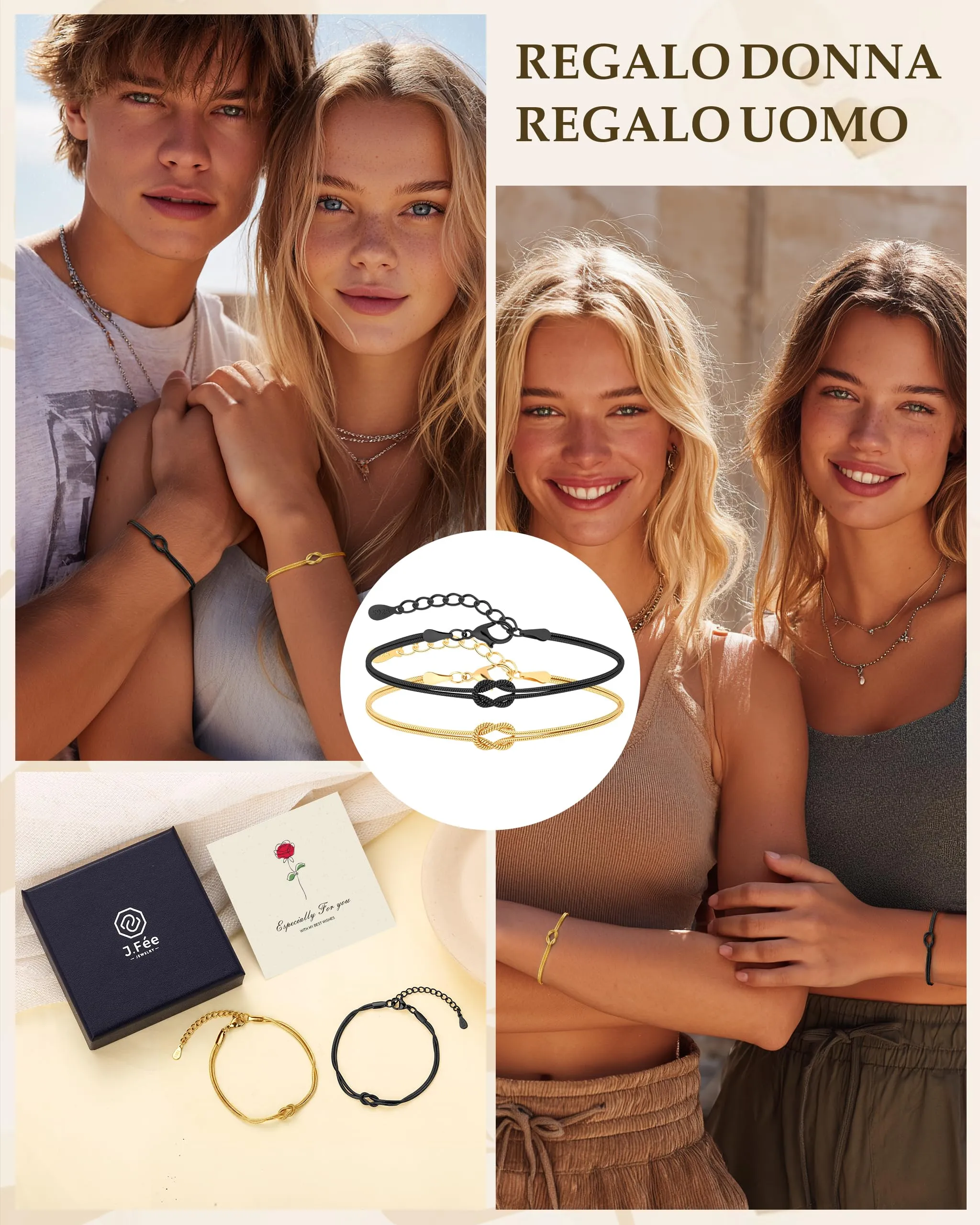 J.Fée Set di 2 Bracciali Nodo d'Amore in Argento 925 Regolabili, Oro+Nero - immagine 6