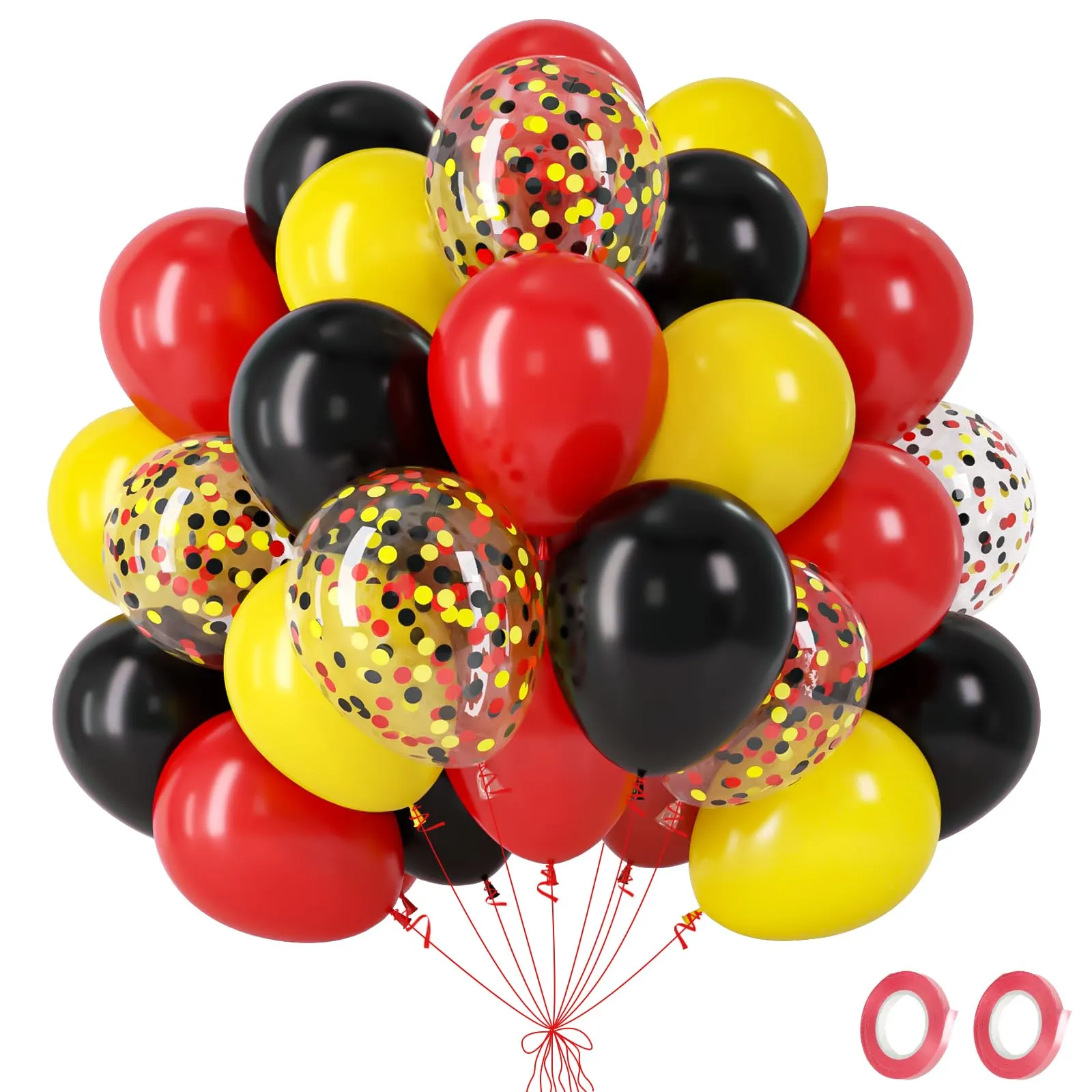 fairymaiden Palloncini Compleanno Rossi, Neri e Gialli con Confetti in Lattice, 60 Pezzi, 12 Pollice - immagine 1