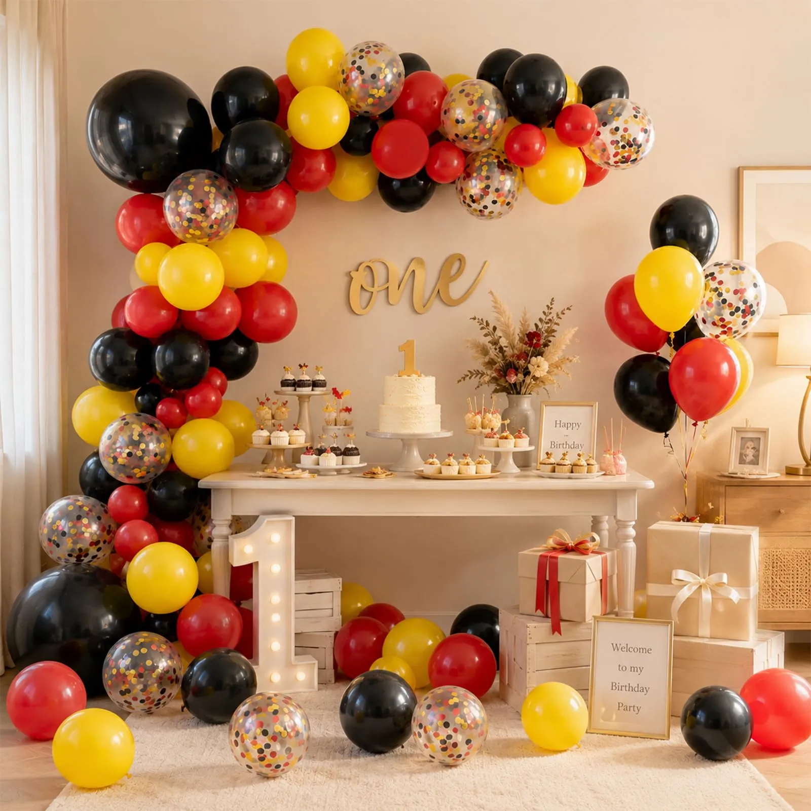 fairymaiden Palloncini Compleanno Rossi, Neri e Gialli con Confetti in Lattice, 60 Pezzi, 12 Pollice - immagine 2