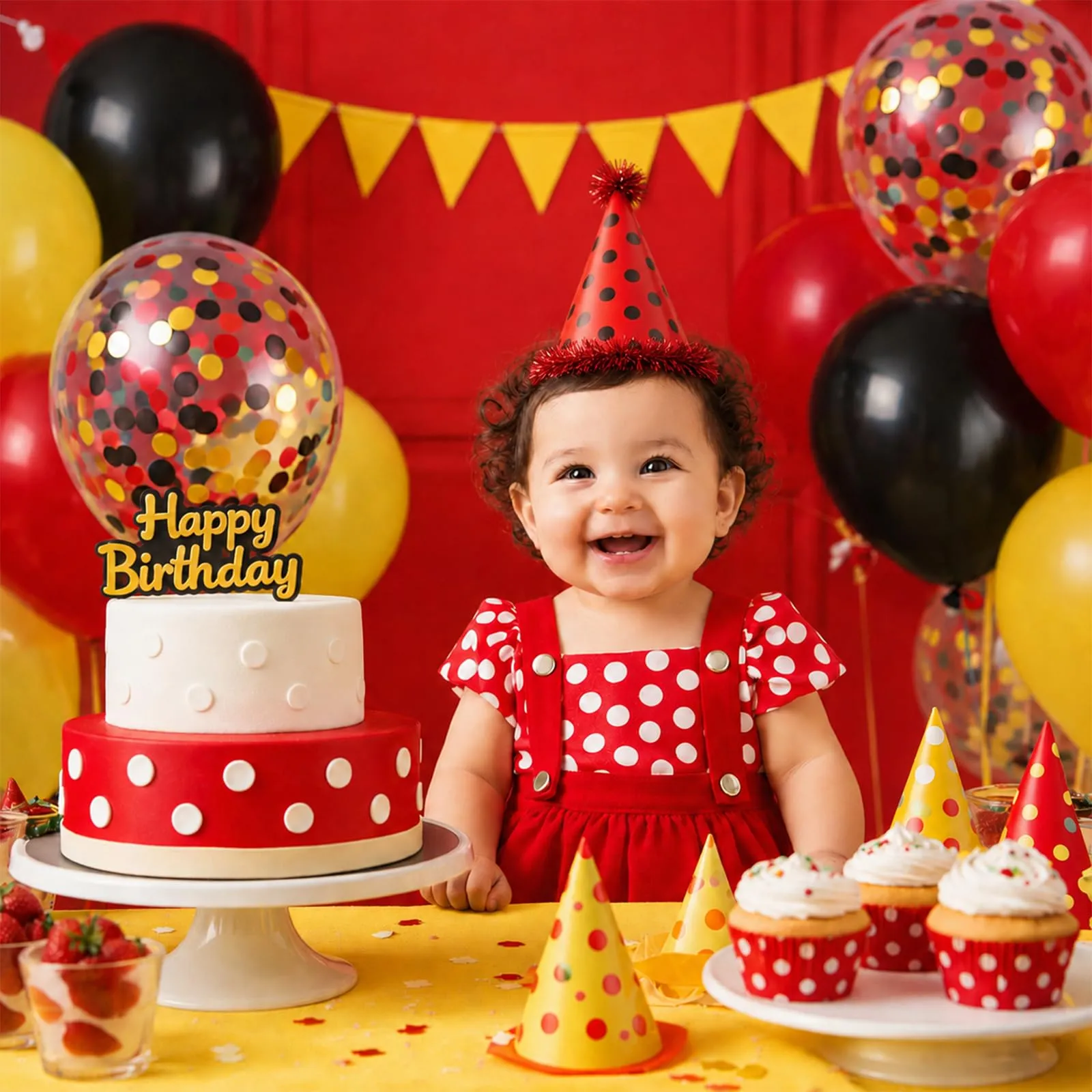 fairymaiden Palloncini Compleanno Rossi, Neri e Gialli con Confetti in Lattice, 60 Pezzi, 12 Pollice - immagine 3