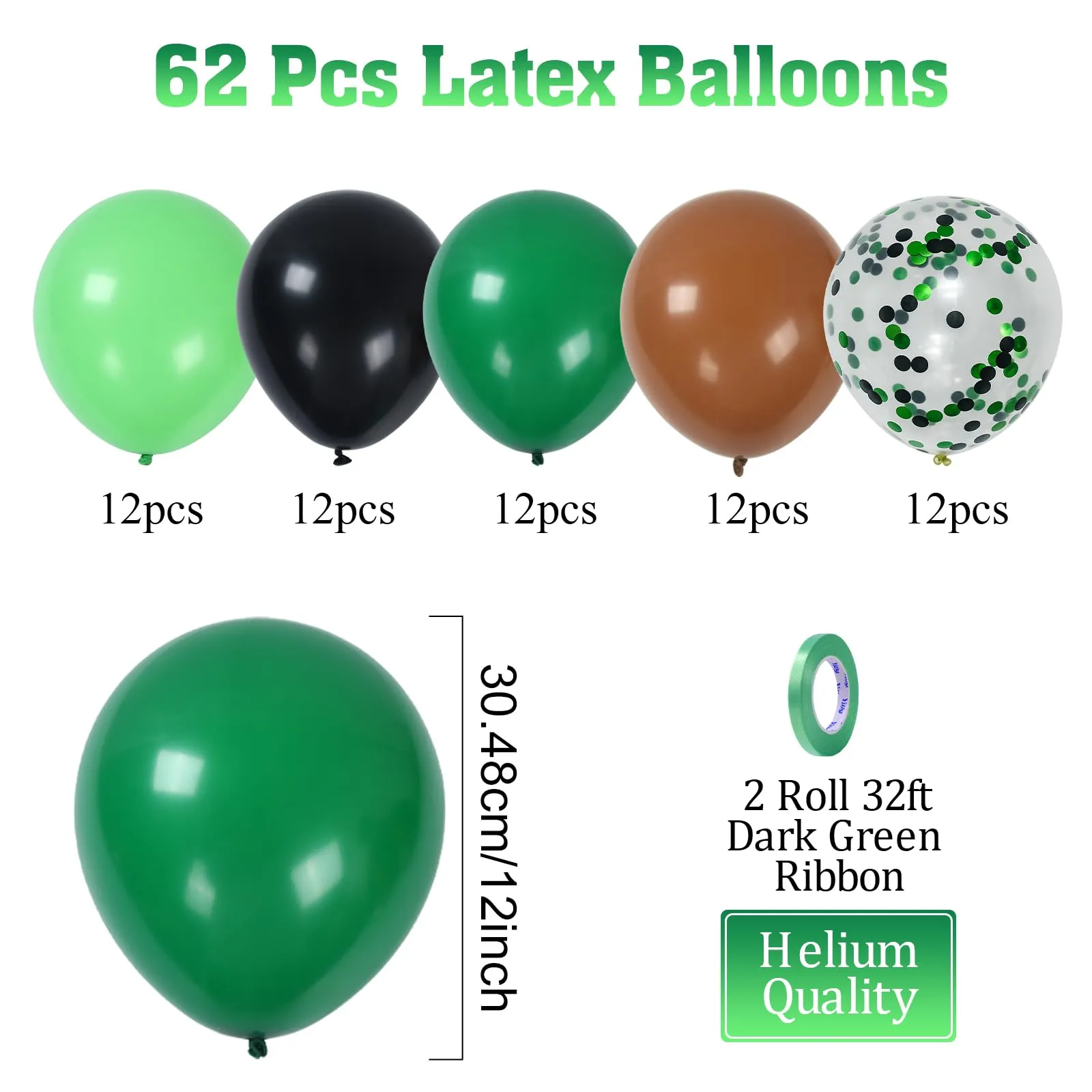 Fairymaiden Palloncini Verde Marrone Nero, 60 Pezzi con Confetti, 12 Pollici - immagine 3