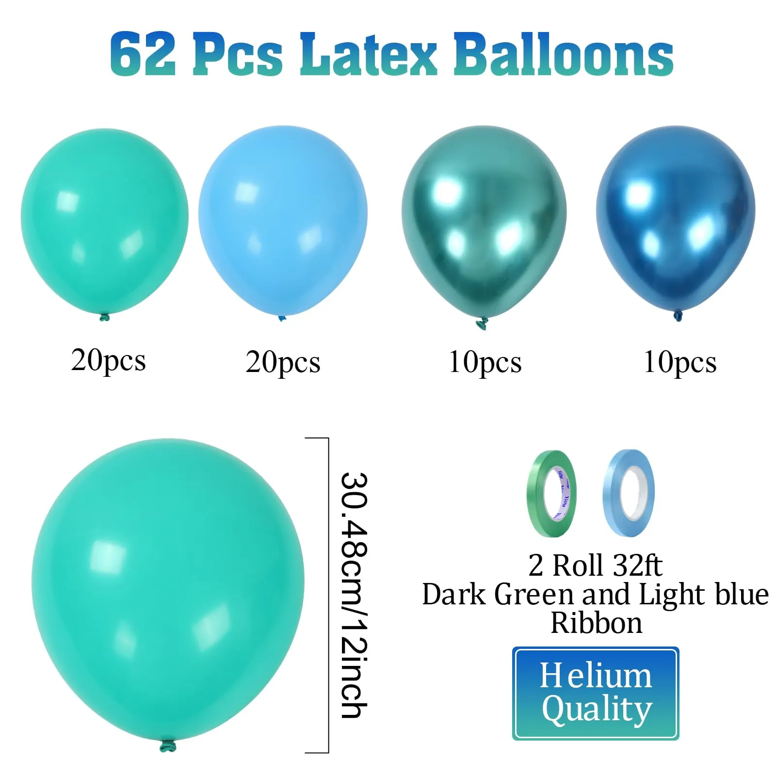 Fairymaiden Palloncini Blu e Verde Metallizzati, 60 Pezzi, 12 Pollici - immagine 3