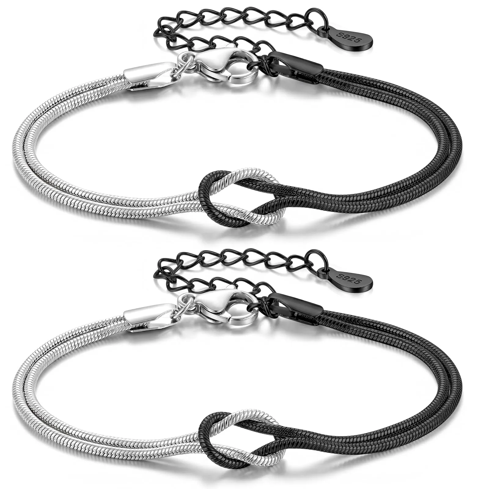 J.Fée Set di 2 Bracciali Nodo d'Amore in Argento 925 e Acciaio Nero, Regolabili - immagine 1