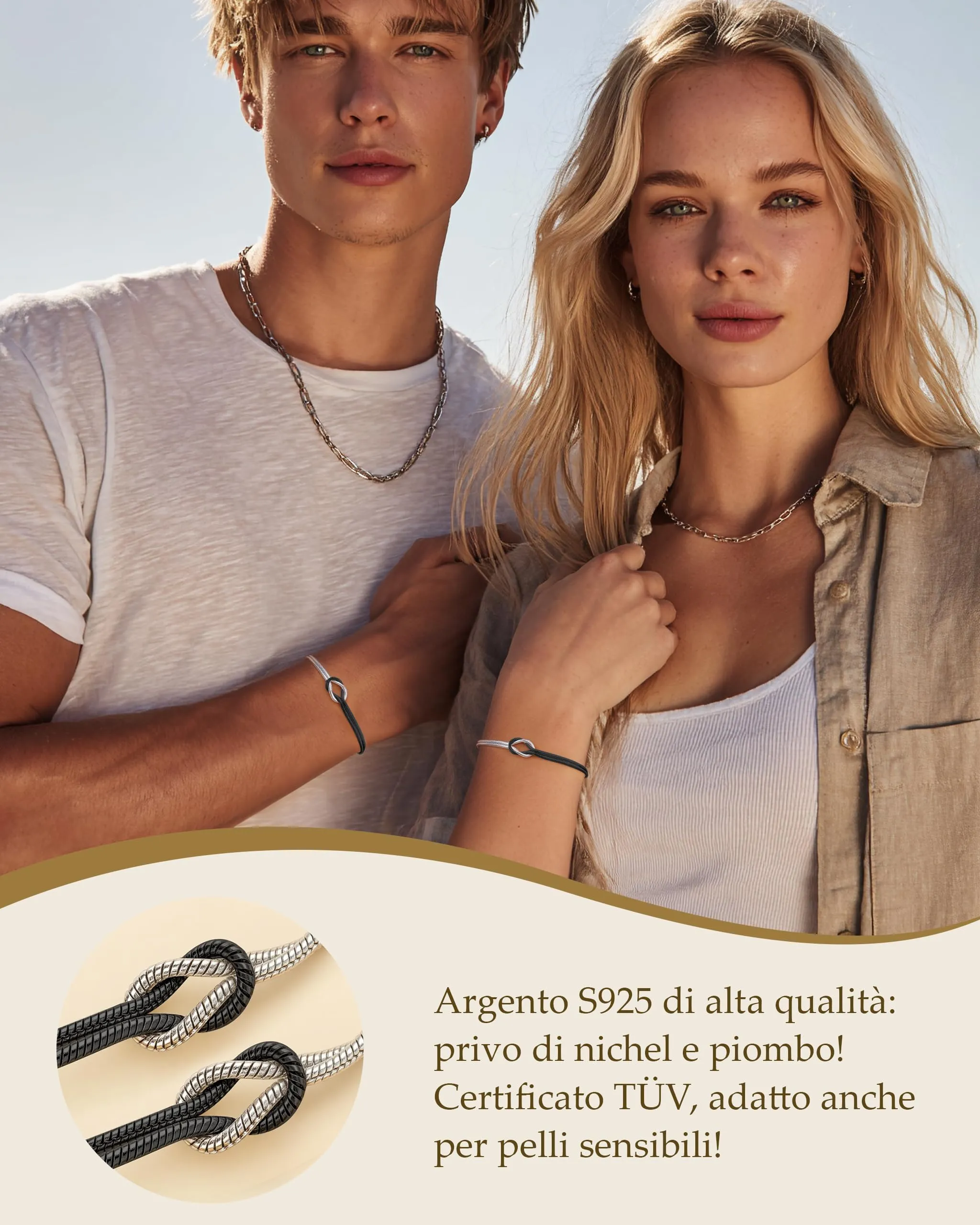 J.Fée Set di 2 Bracciali Nodo d'Amore in Argento 925 e Acciaio Nero, Regolabili - immagine 4
