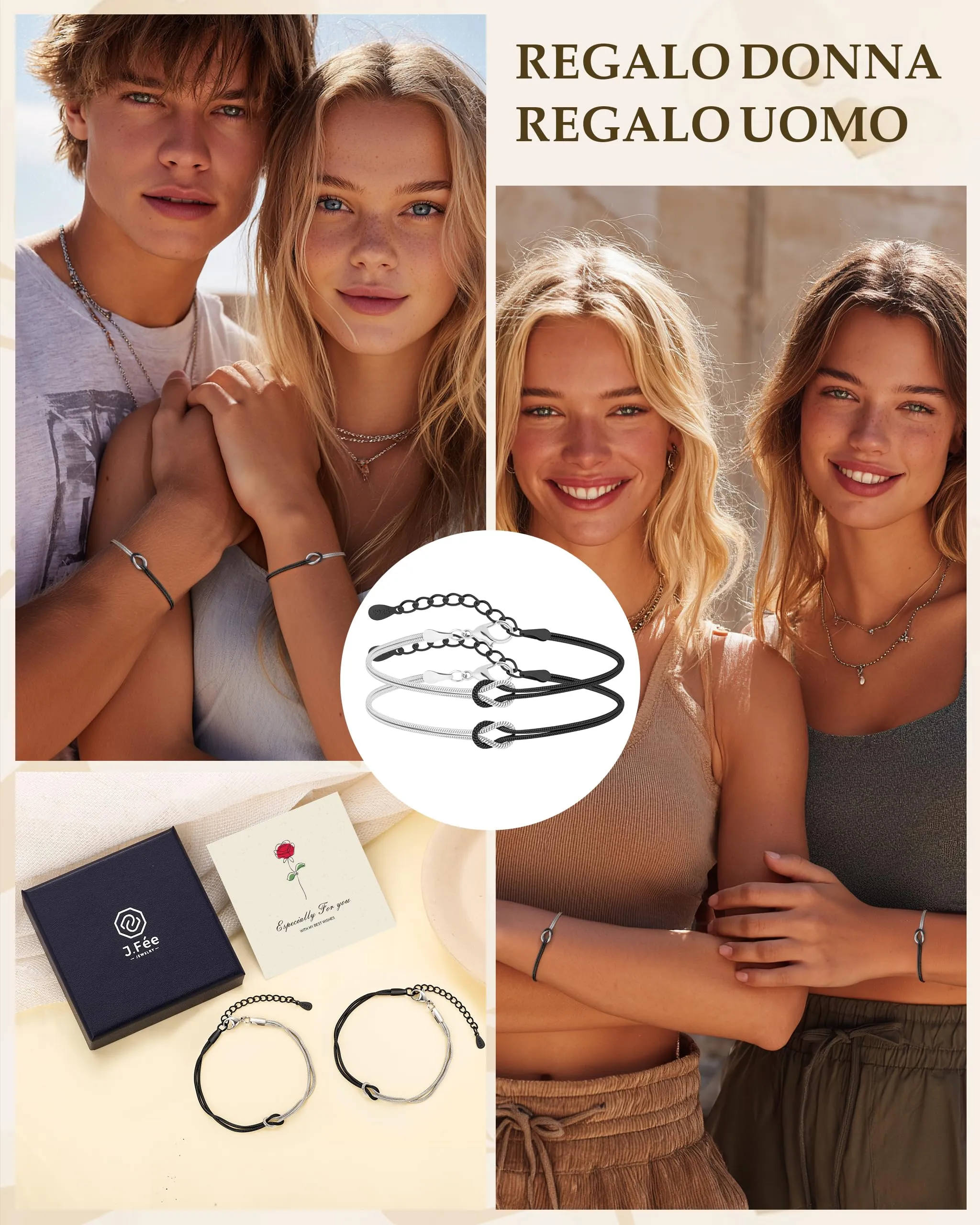 J.Fée Set di 2 Bracciali Nodo d'Amore in Argento 925 e Acciaio Nero, Regolabili - immagine 6