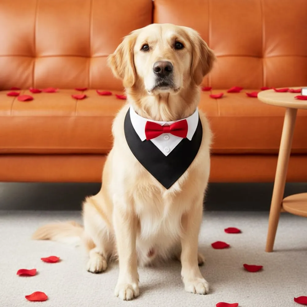 HMCEY Bandana Formale per Cani con Papillon e Collare Regolabile 36-60 cm - Rosso - immagine 4