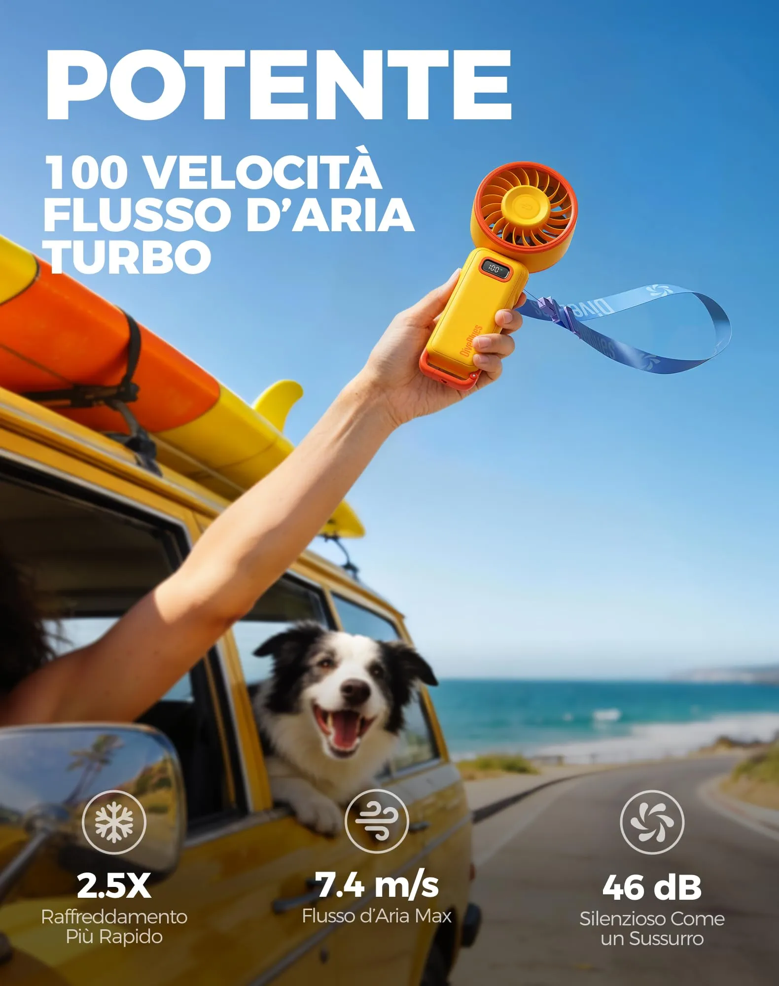 Diveblues Mini Ventilatore Portatile Turbo USB Ricaricabile, 100 Velocità, 4-in-1 Pieghevole da Tavolo e da Collo - immagine 2