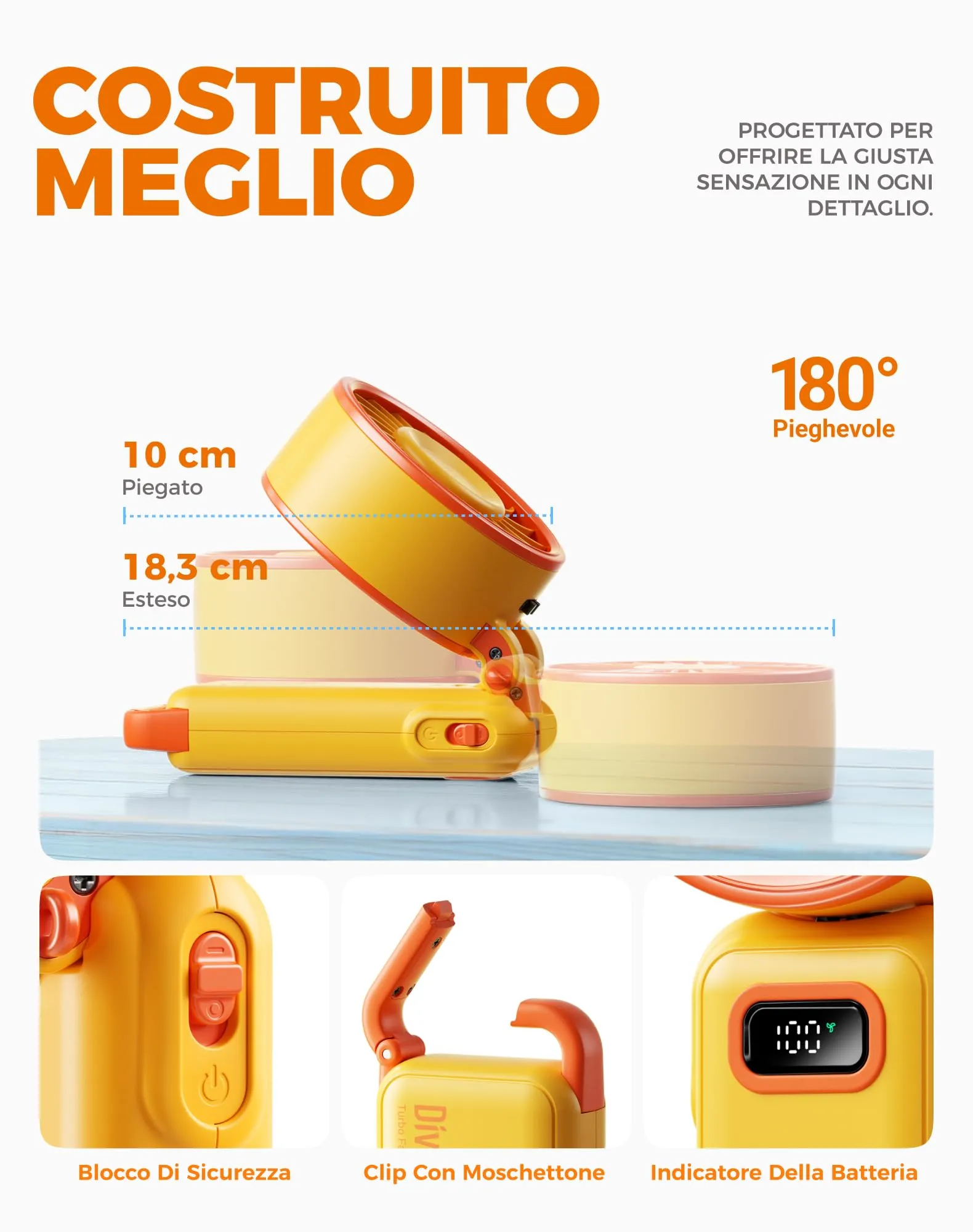 Diveblues Mini Ventilatore Portatile Turbo USB Ricaricabile, 100 Velocità, 4-in-1 Pieghevole da Tavolo e da Collo - immagine 7