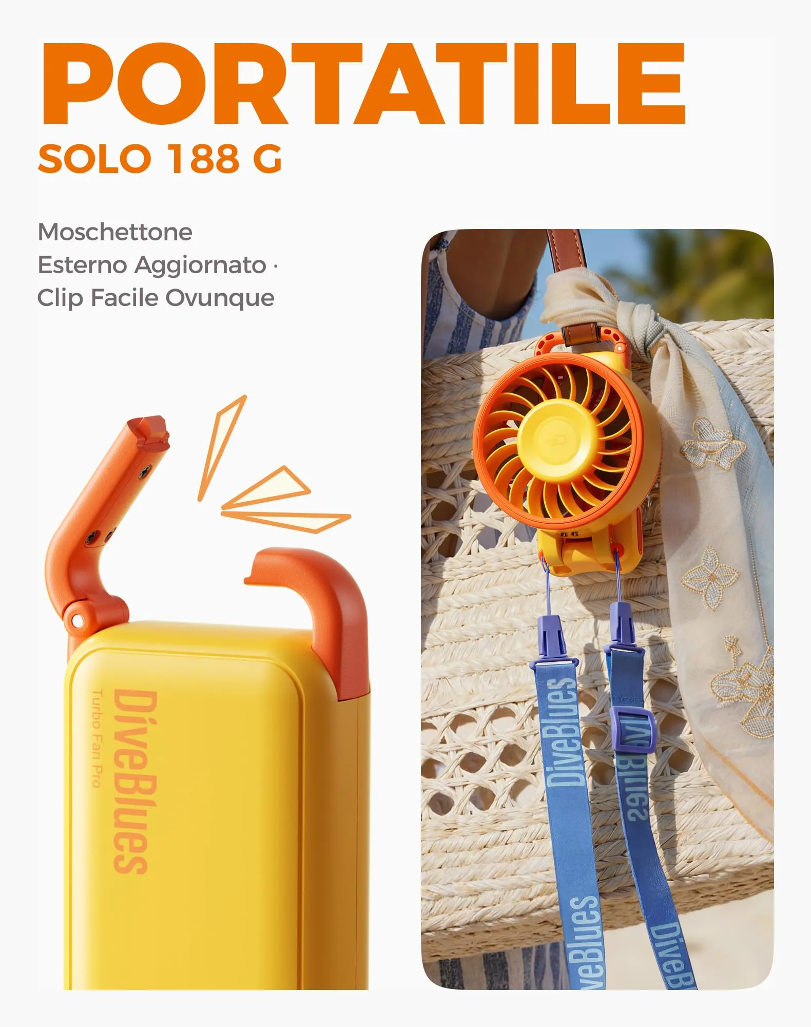 Diveblues Mini Ventilatore Portatile Turbo USB Ricaricabile, 100 Velocità, 4-in-1 Pieghevole da Tavolo e da Collo - immagine 8