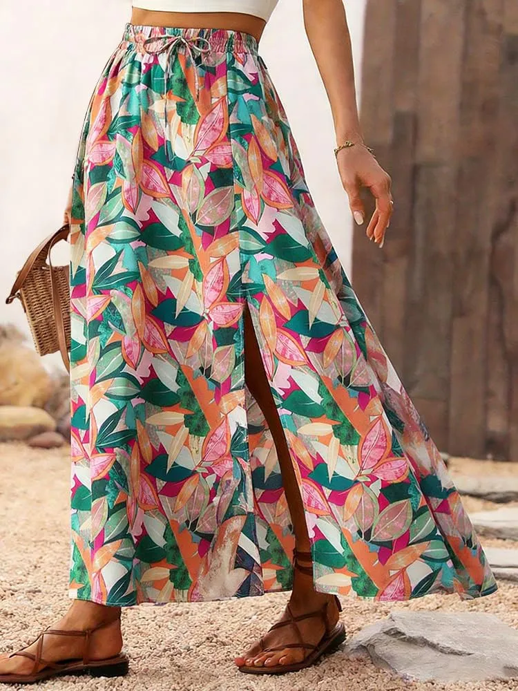 ABINGOO Gonna Lunga Donna Estiva Boho A Line Vita Alta con Spacco - immagine 3