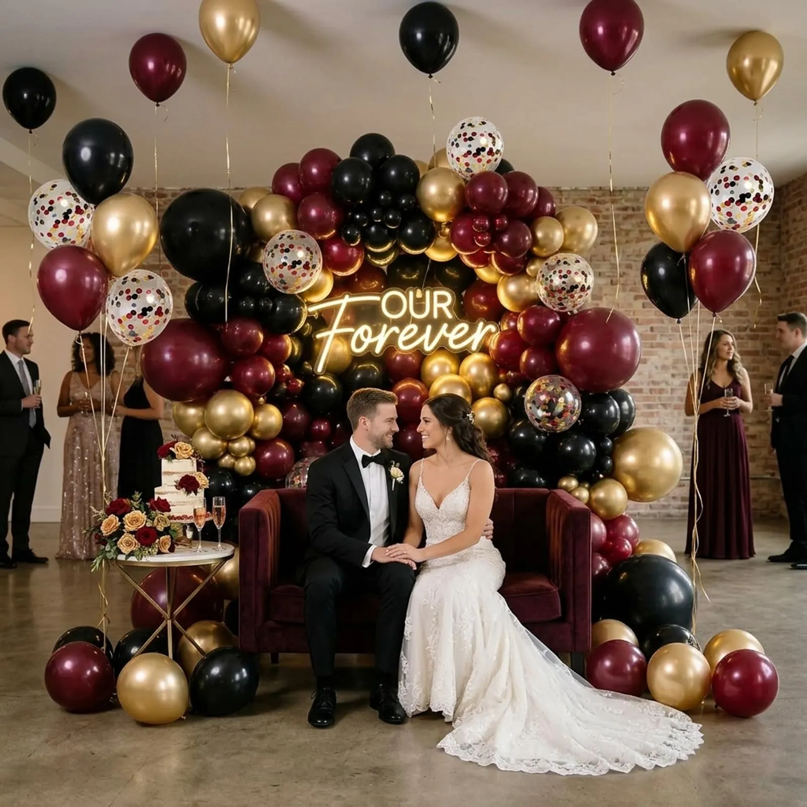 fairymaiden Palloncini Bordeaux, Rossi, Neri e Oro con Confetti, 60 Pezzi, 12 Pollice - immagine 2