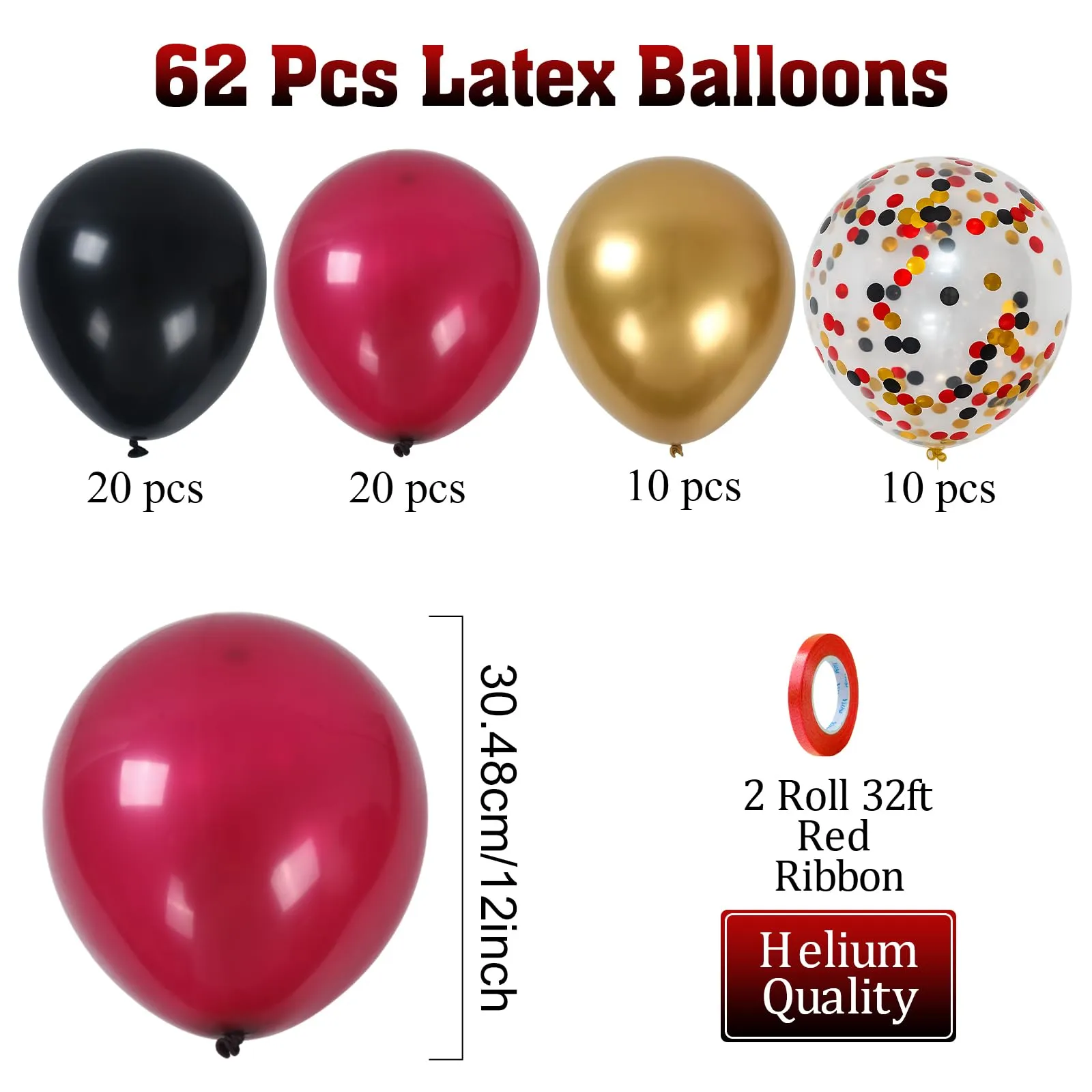 fairymaiden Palloncini Bordeaux, Rossi, Neri e Oro con Confetti, 60 Pezzi, 12 Pollice - immagine 3