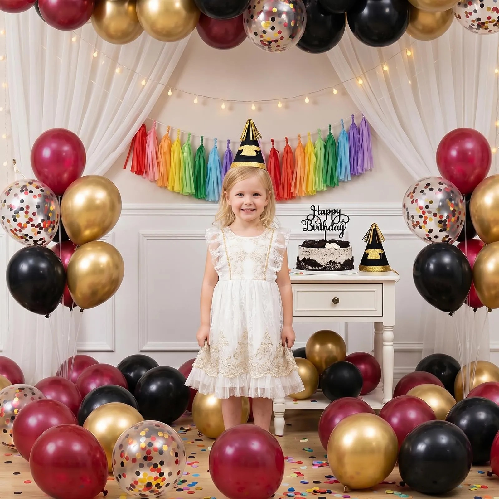 fairymaiden Palloncini Bordeaux, Rossi, Neri e Oro con Confetti, 60 Pezzi, 12 Pollice - immagine 4