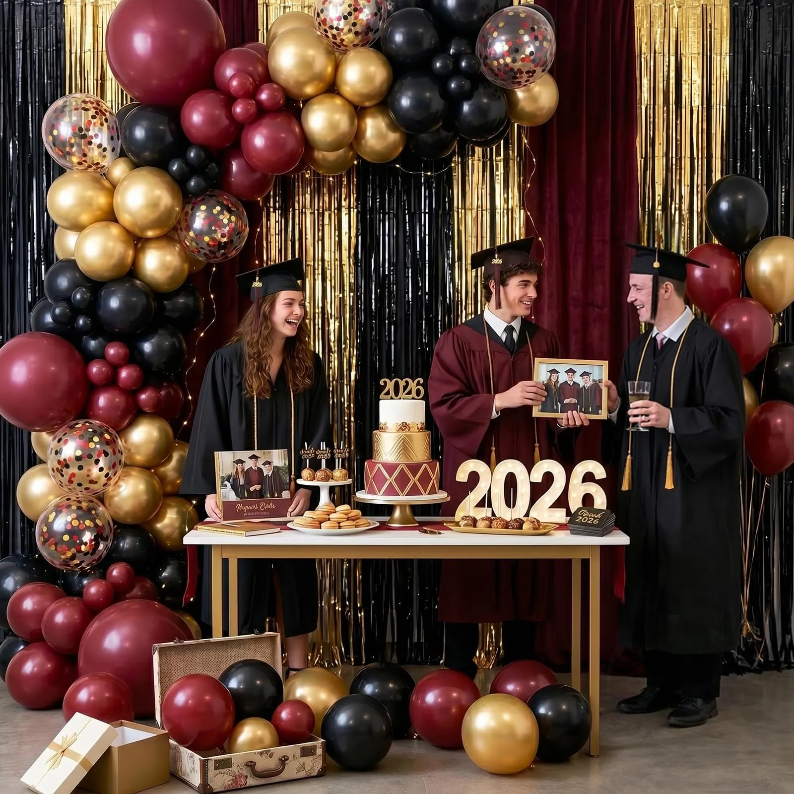 fairymaiden Palloncini Bordeaux, Rossi, Neri e Oro con Confetti, 60 Pezzi, 12 Pollice - immagine 6