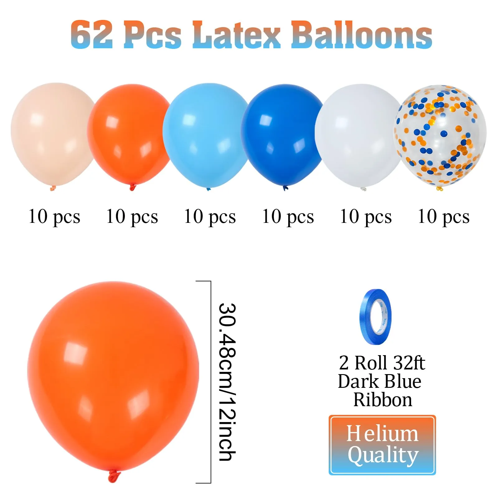 Fairymaiden Palloncini Blu Navy, Arancioni e Bianchi, 60 Pezzi, 12 Pollice - immagine 3