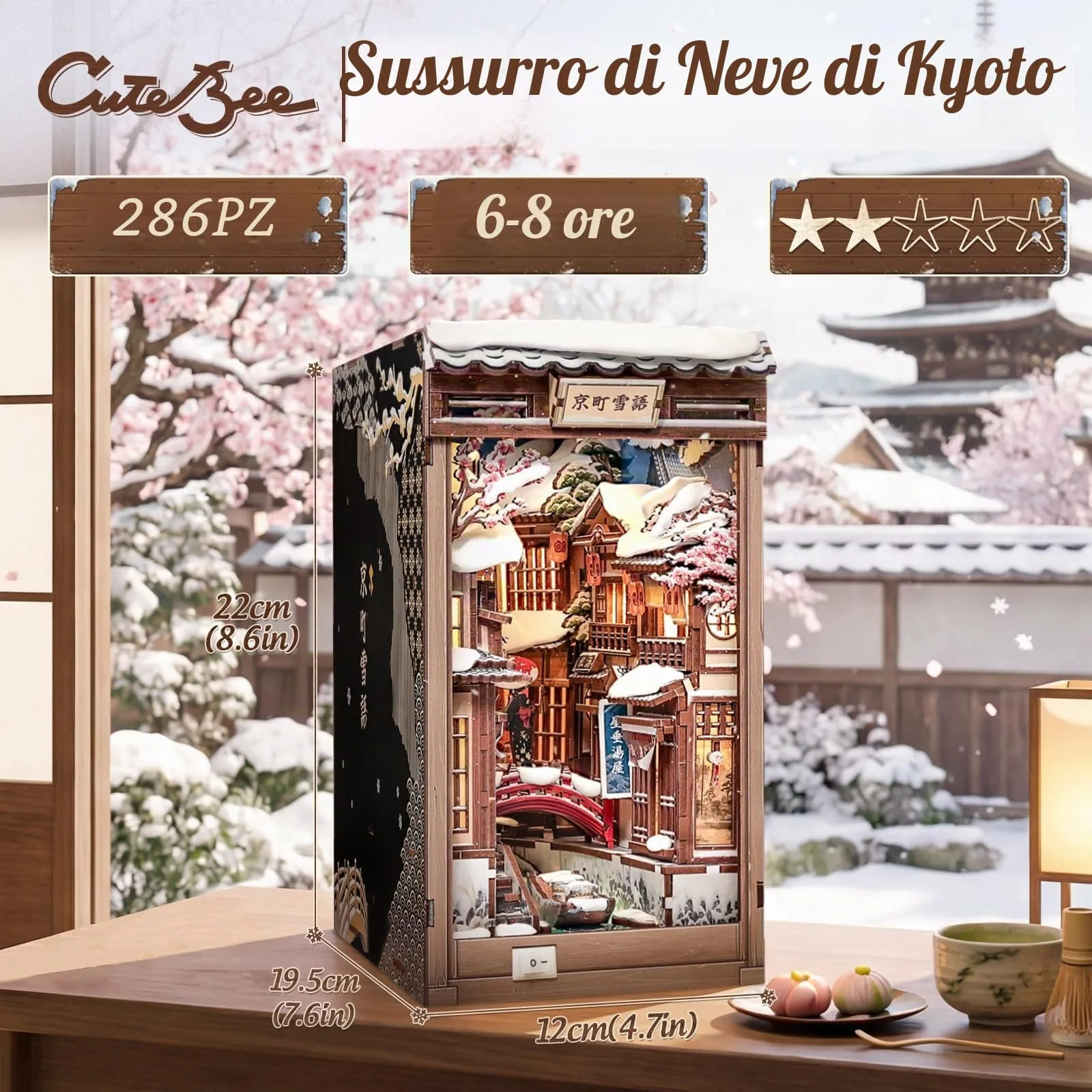 CUTEBEE Book Nook Kit Kyoto Snow Whisper - Puzzle 3D in legno con LED per adulti - immagine 2