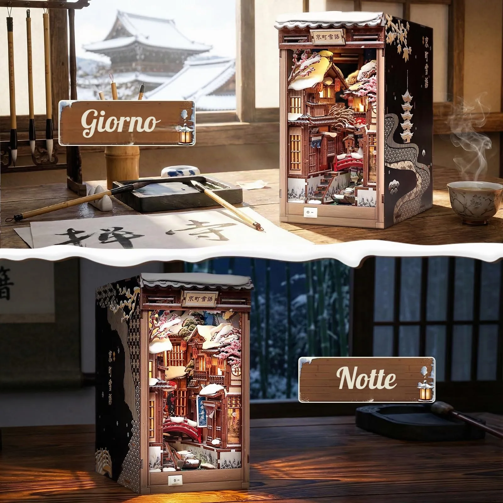 CUTEBEE Book Nook Kit Kyoto Snow Whisper - Puzzle 3D in legno con LED per adulti - immagine 3